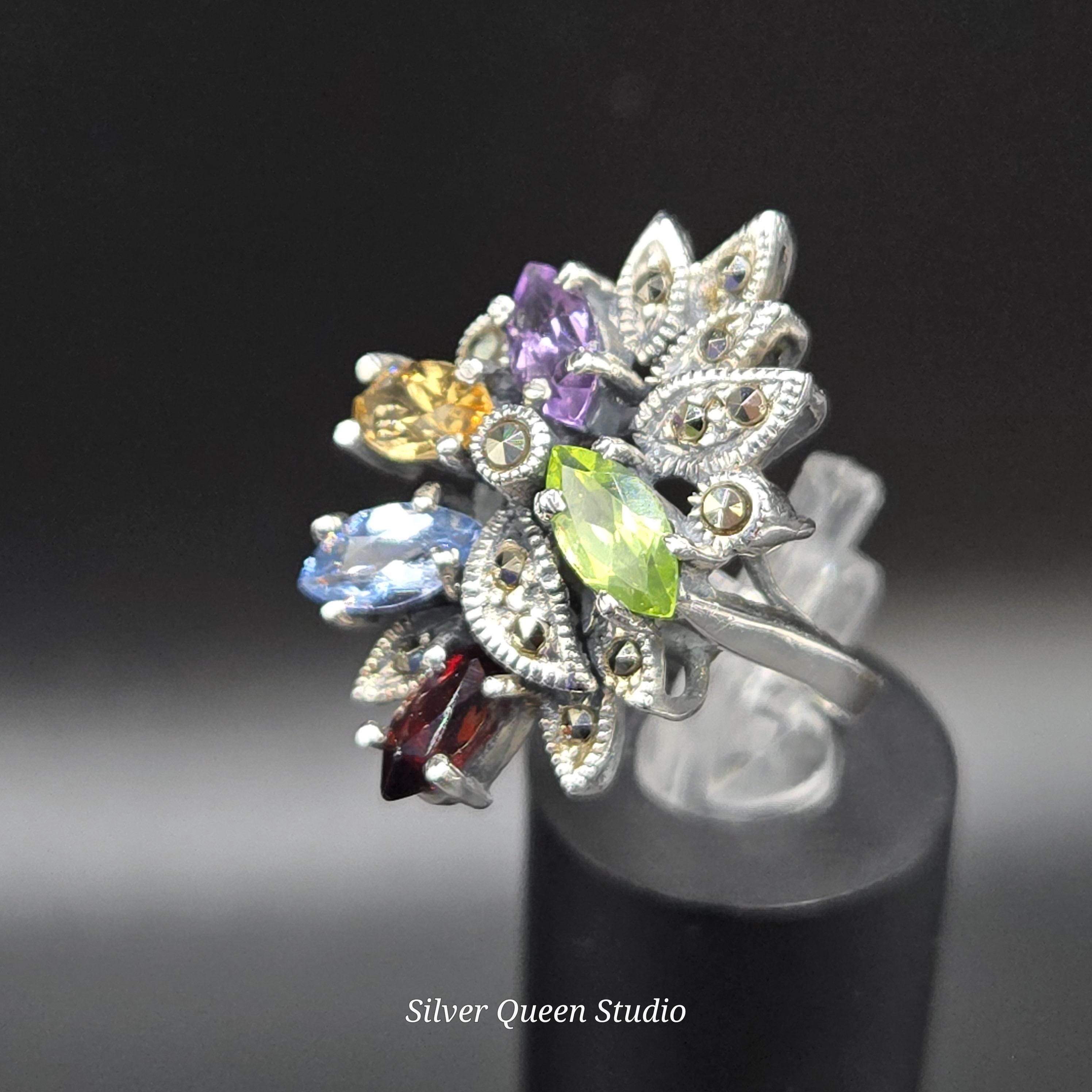 Sterling Silver Ring with Emerald Amethyst Citrine & Aquamarine - Sz 6