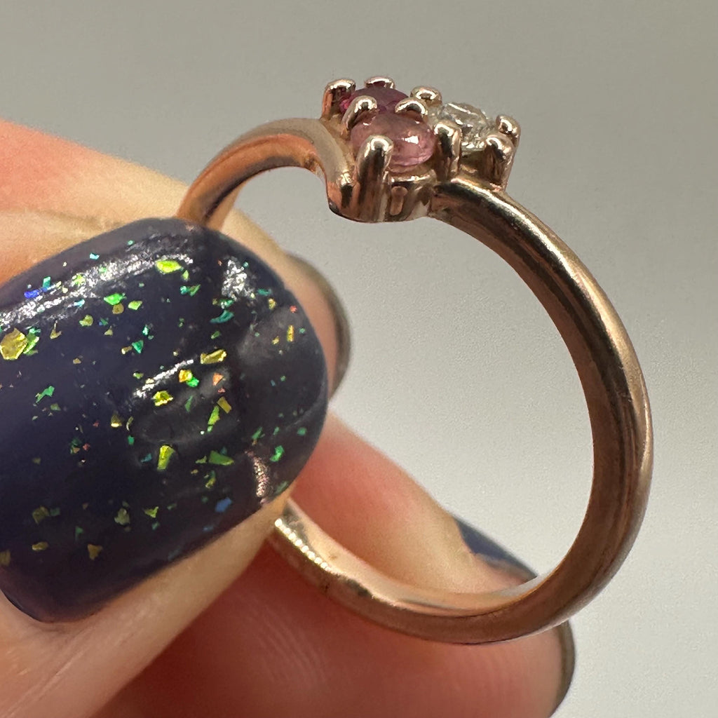 Solid 14K Rose Gold Ring with Ruby, Pink Sapphire, and Diamond – Size 6.75