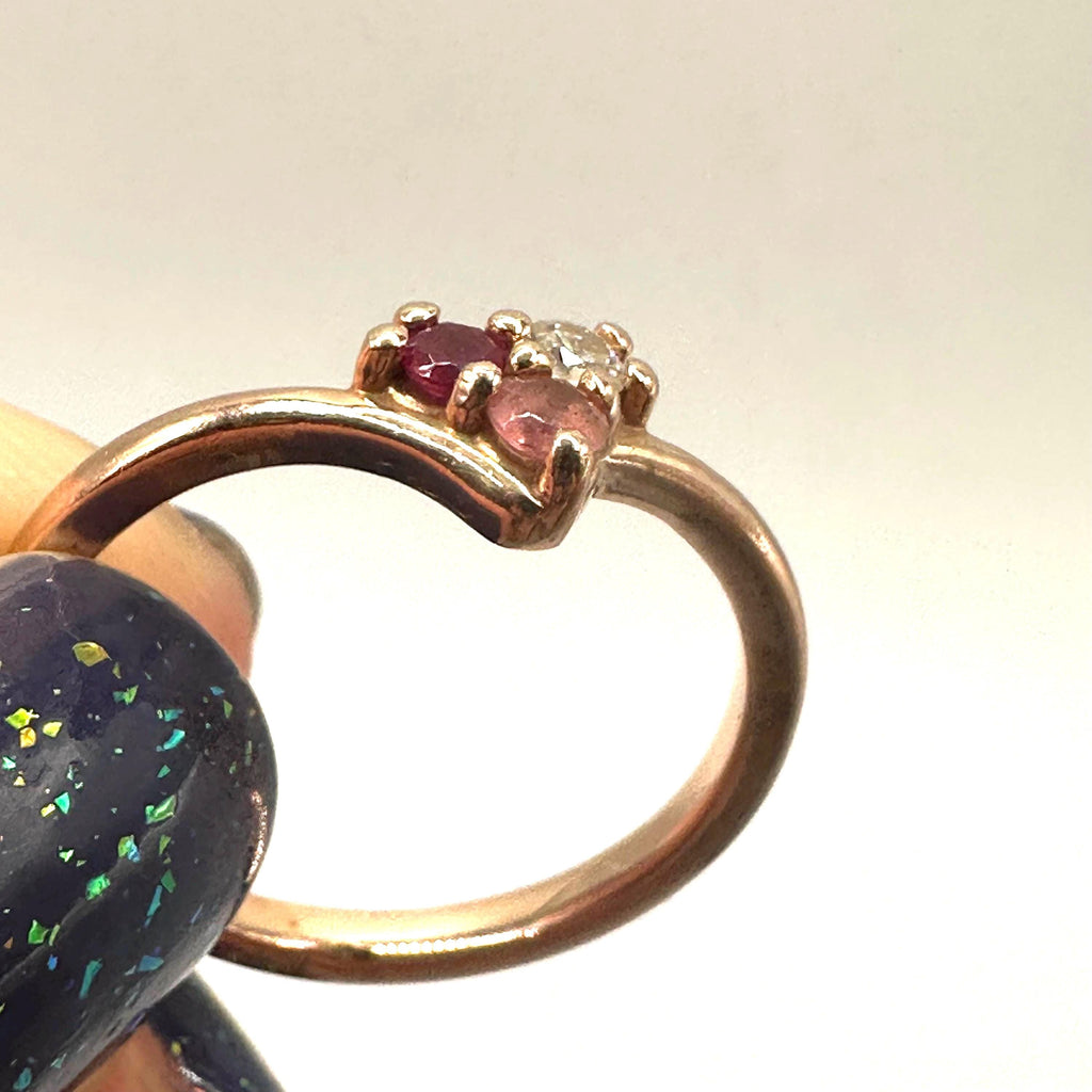 Solid 14K Rose Gold Ring with Ruby, Pink Sapphire, and Diamond – Size 6.75
