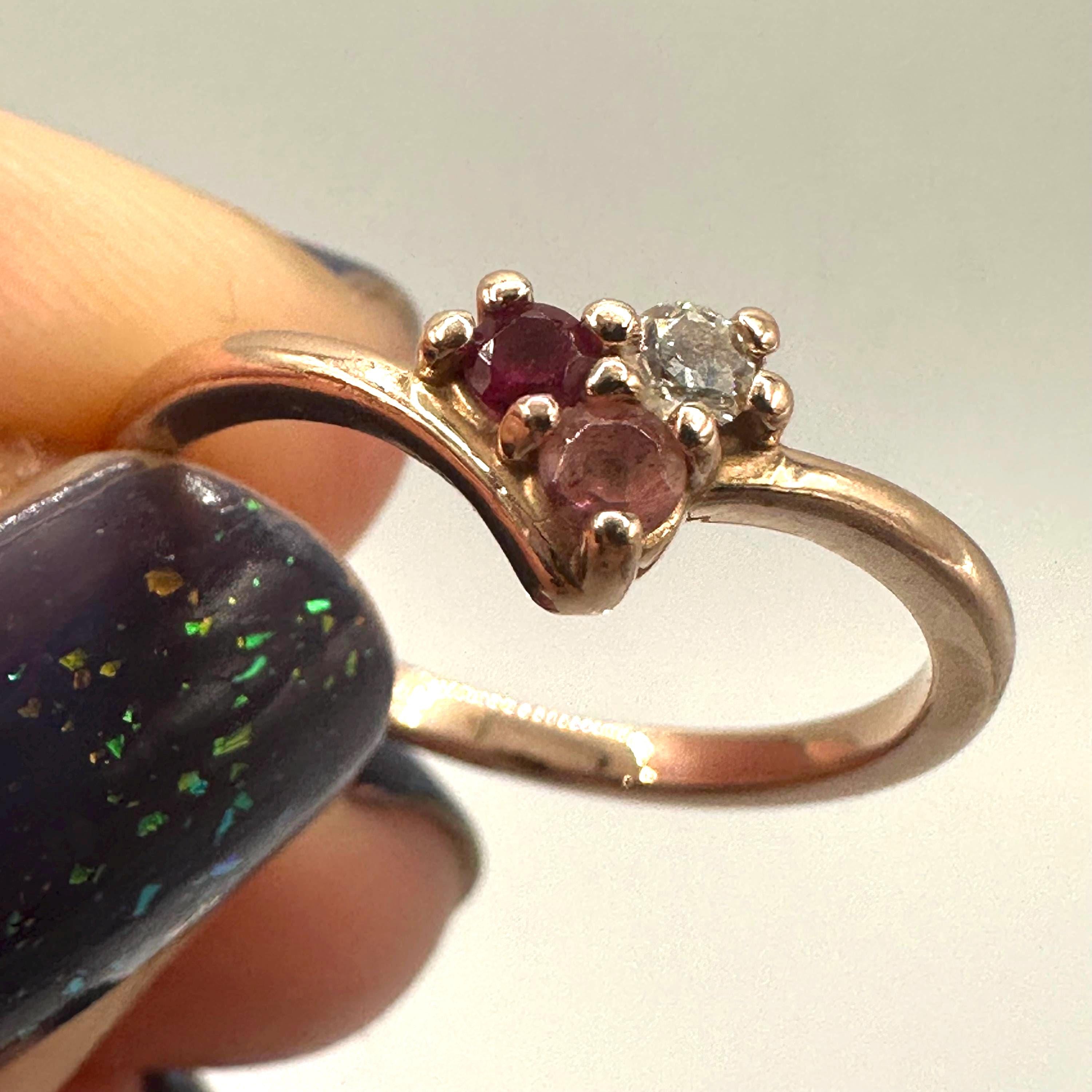 Solid 14K Rose Gold Ring with Ruby, Pink Sapphire, and Diamond – Size 6.75