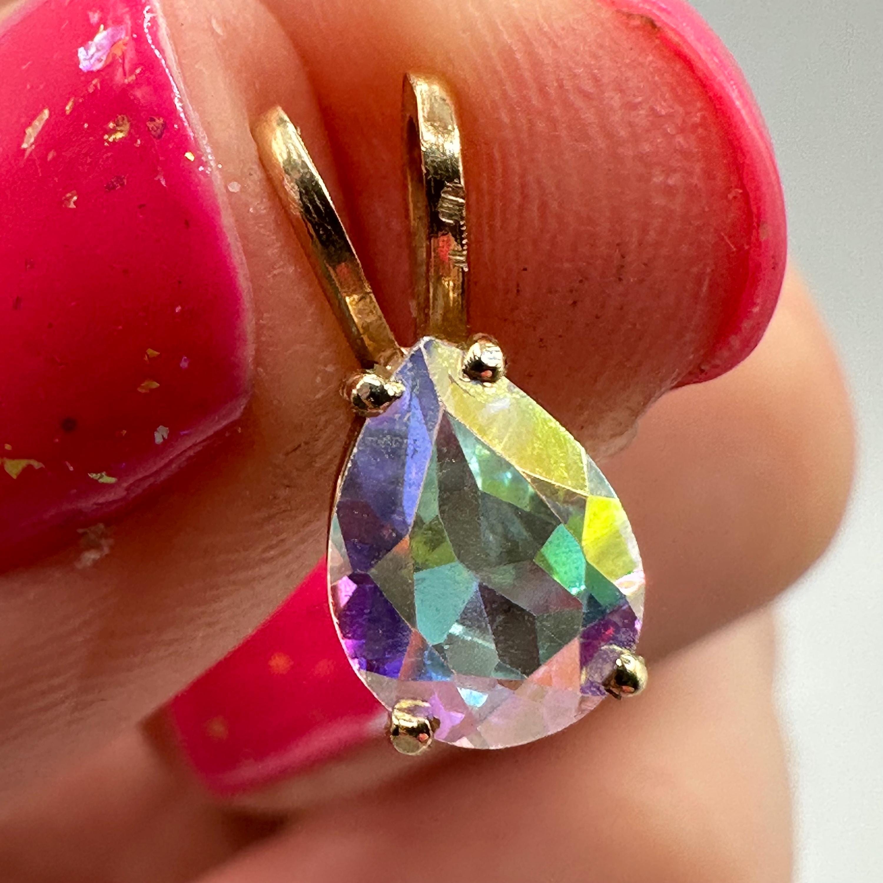 Solid 14K Yellow Gold Necklace Pendant with Rainbow Gemstone