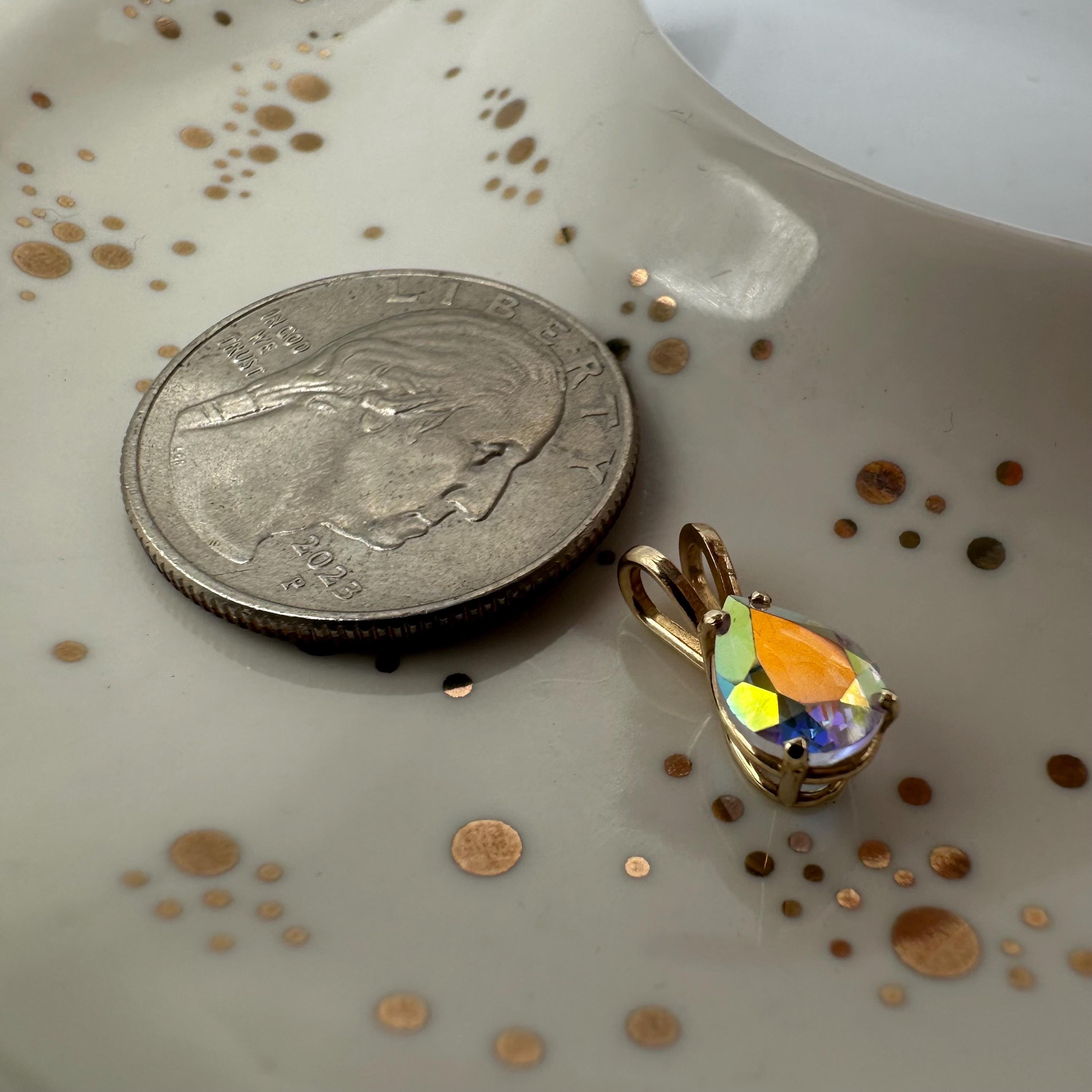 Solid 14K Yellow Gold Necklace Pendant with Rainbow Gemstone