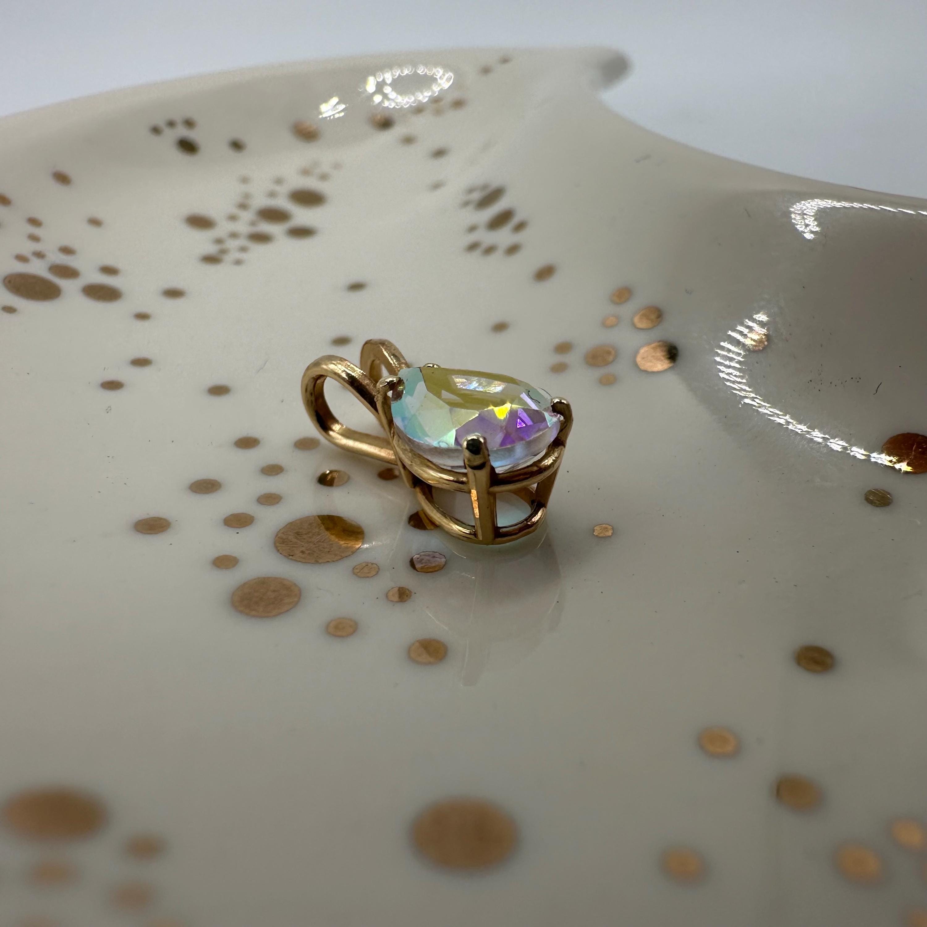 Solid 14K Yellow Gold Necklace Pendant with Rainbow Gemstone