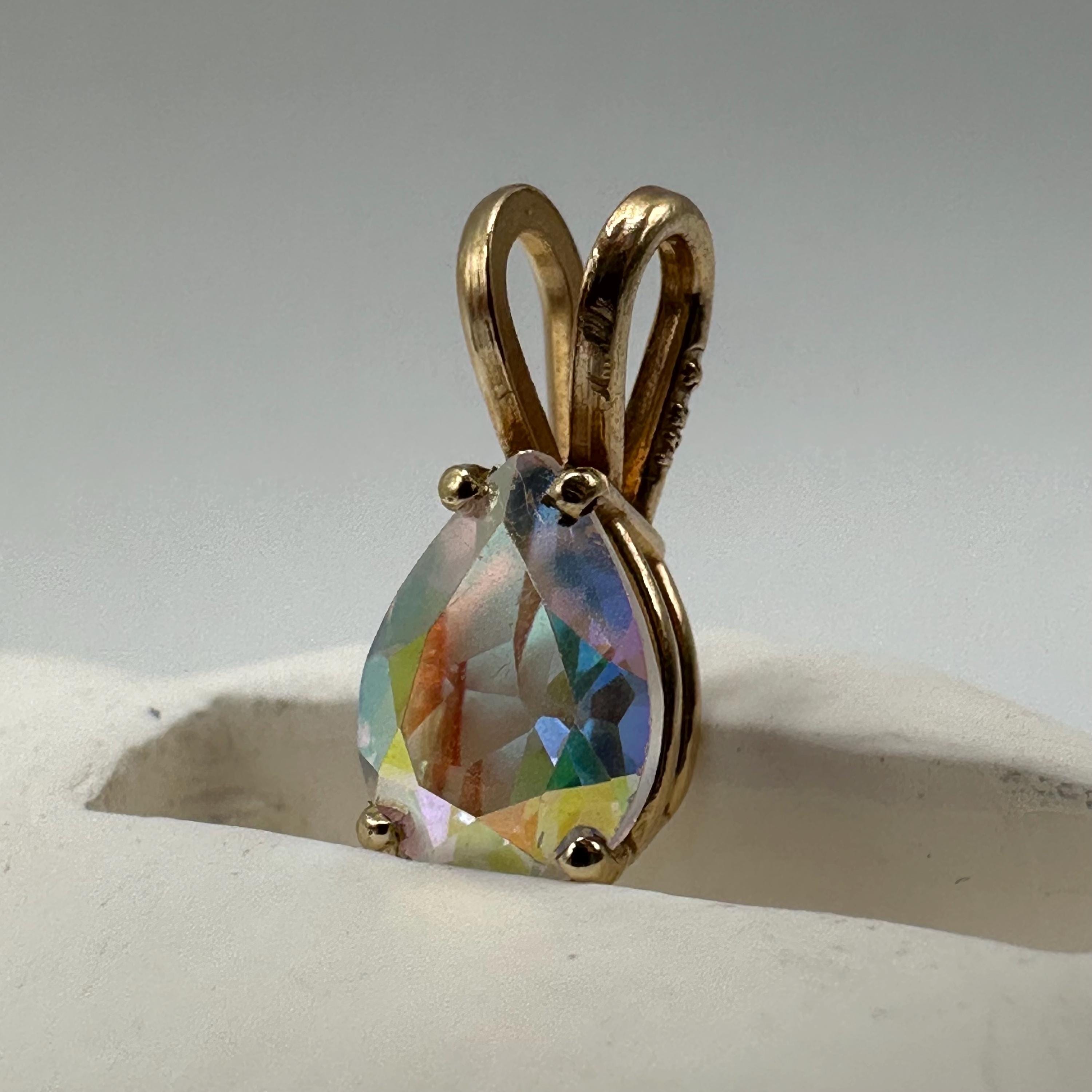 Solid 14K Yellow Gold Necklace Pendant with Rainbow Gemstone