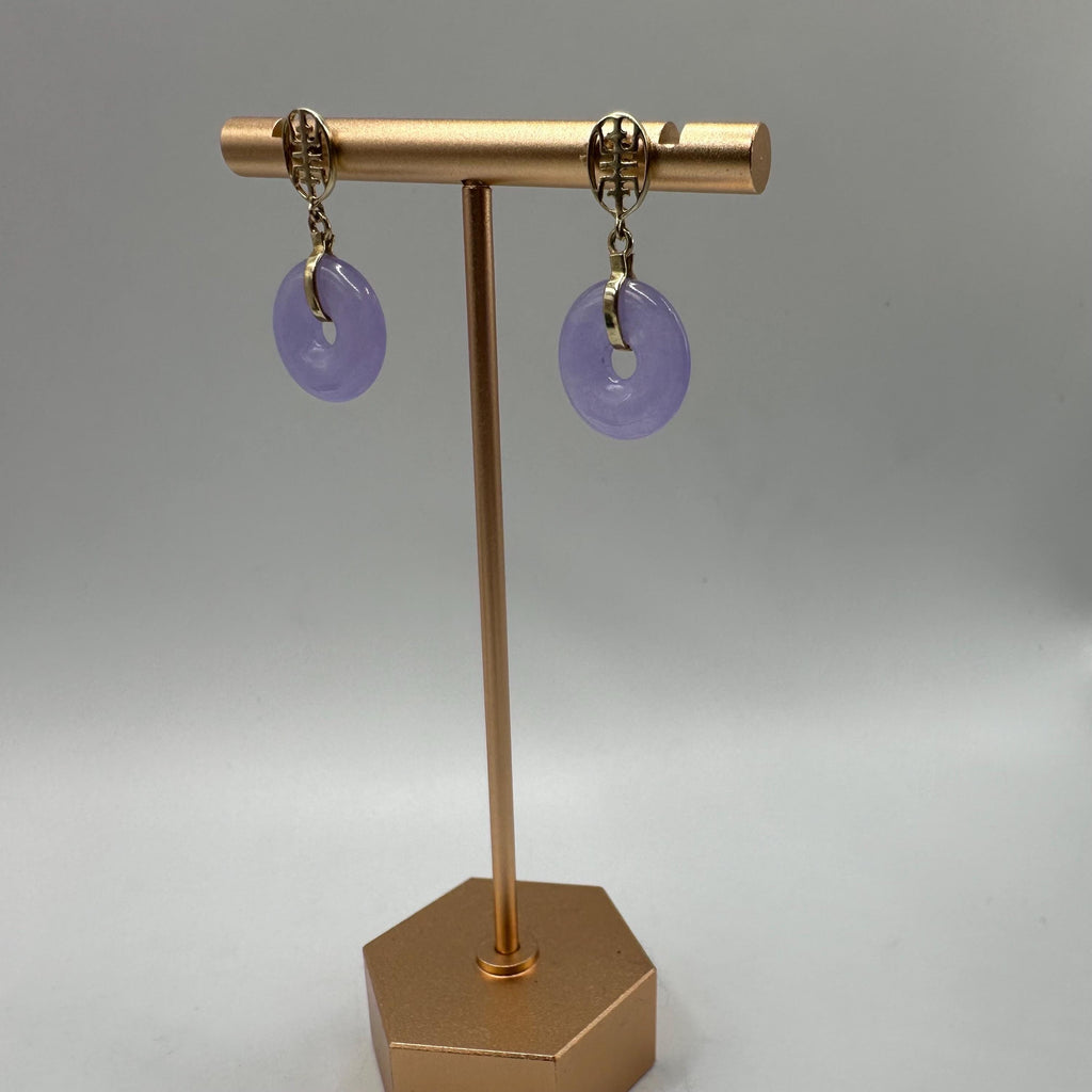14K Solid Yellow Gold Dangle Earrings with Purple Asian Jade