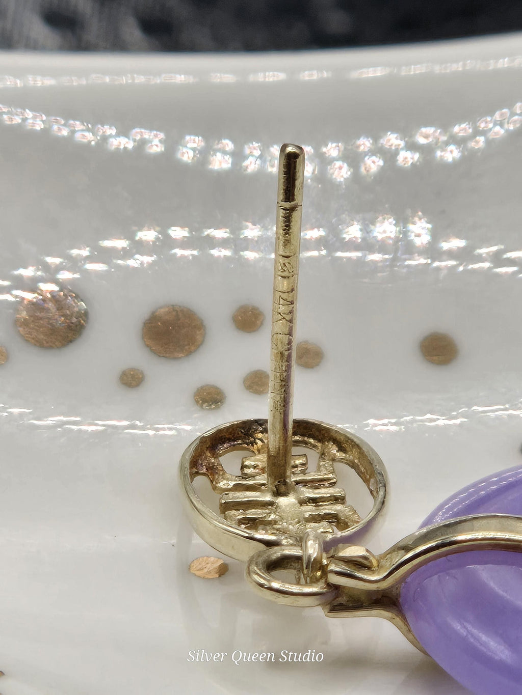 14K Solid Yellow Gold Dangle Earrings with Purple Asian Jade