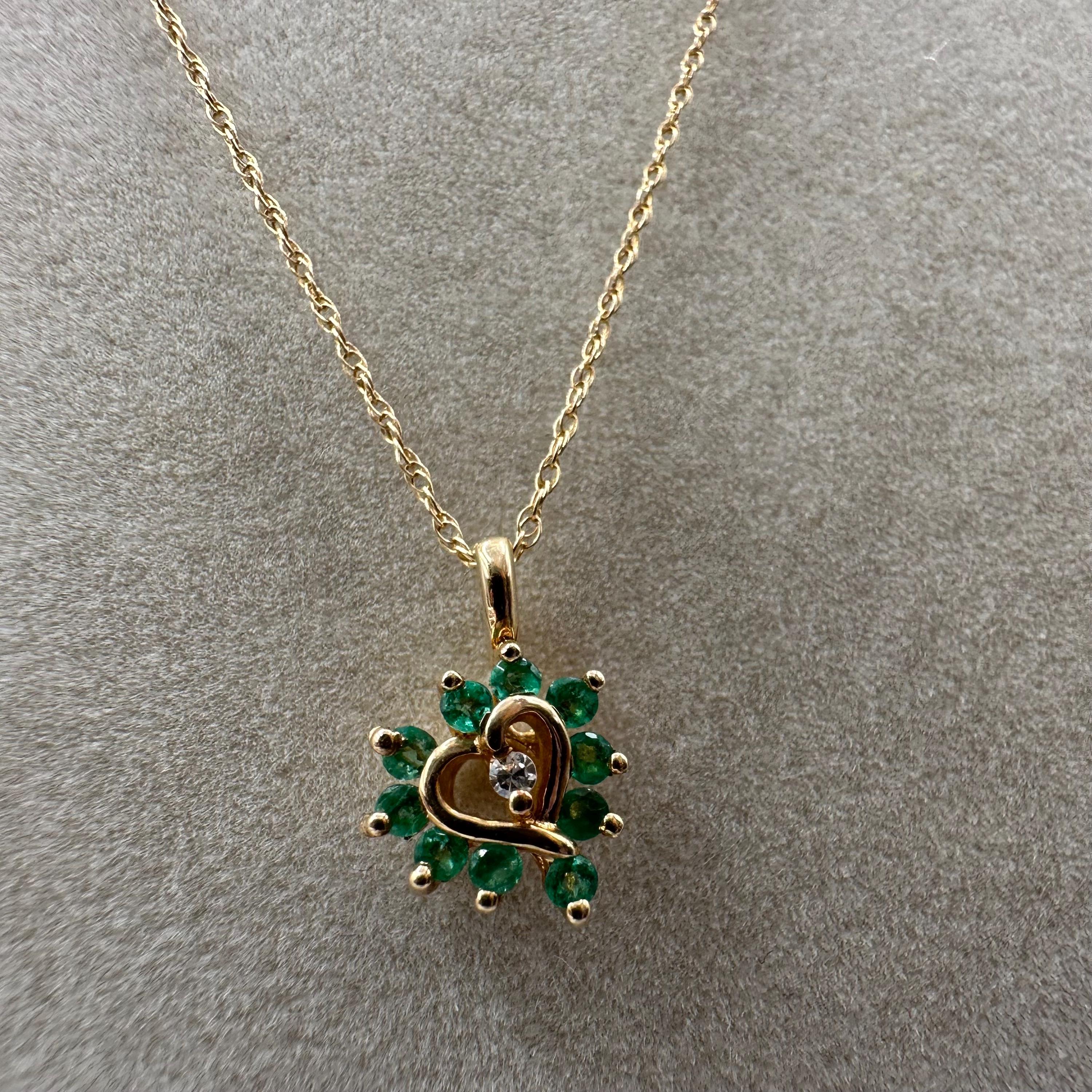 Solid 14K Yellow Gold Emerald & Diamond Heart Pendant Necklace 17.5"