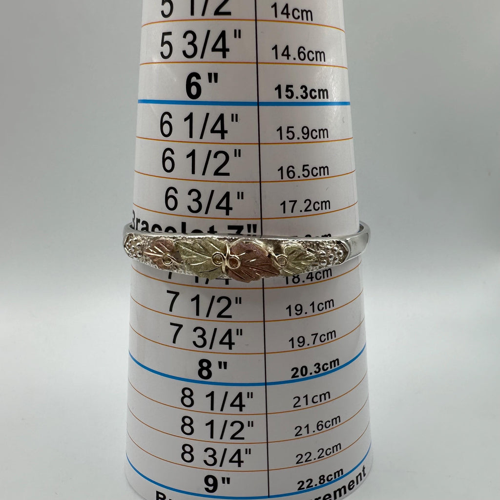 Black Hills Sterling Silver Cuff Bracelet - Solid 10K Gold Leaf Accents 6.75"