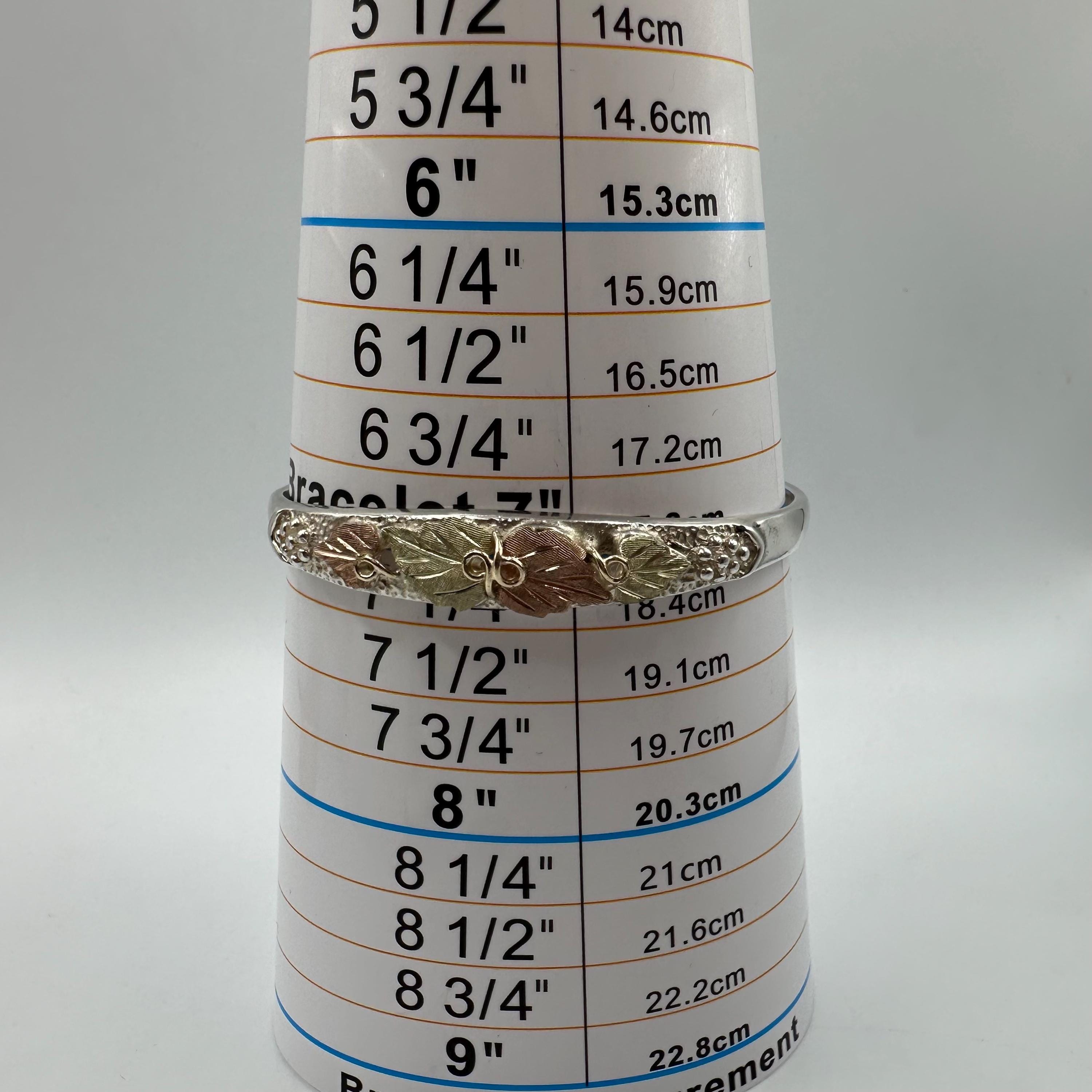 Black Hills Sterling Silver Cuff Bracelet - Solid 10K Gold Leaf Accents 6.75"