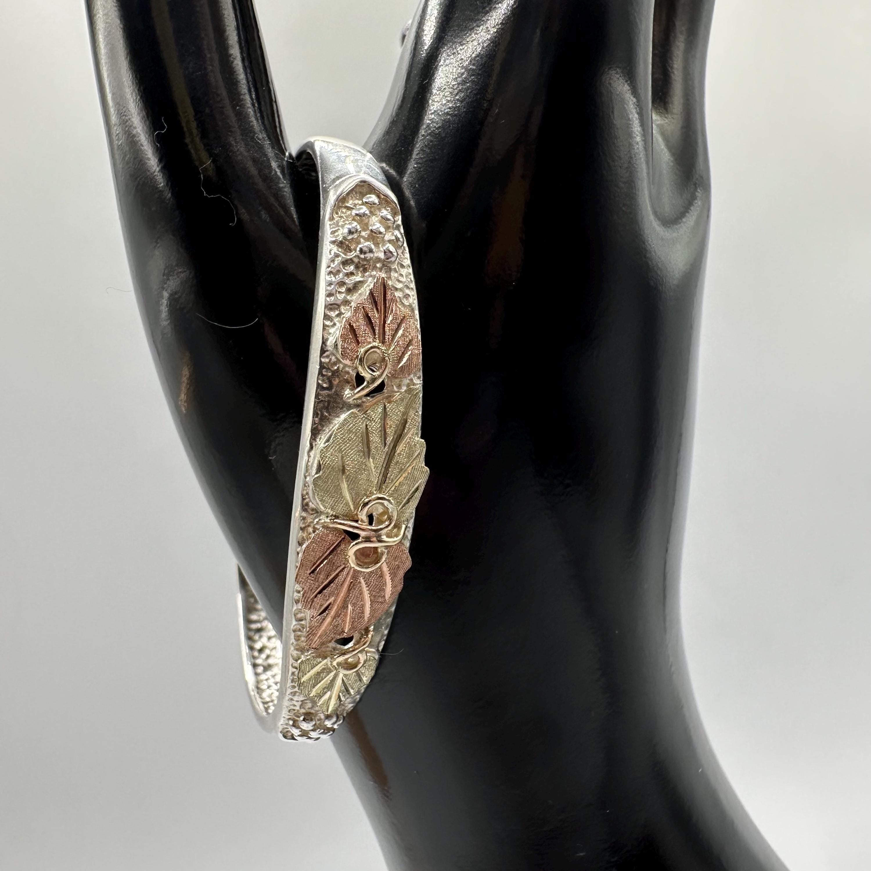 Black Hills Sterling Silver Cuff Bracelet - Solid 10K Gold Leaf Accents 6.75"