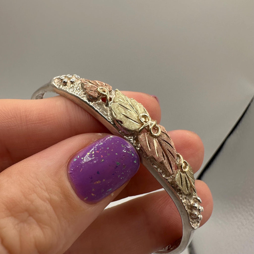 Black Hills Sterling Silver Cuff Bracelet - Solid 10K Gold Leaf Accents 6.75"