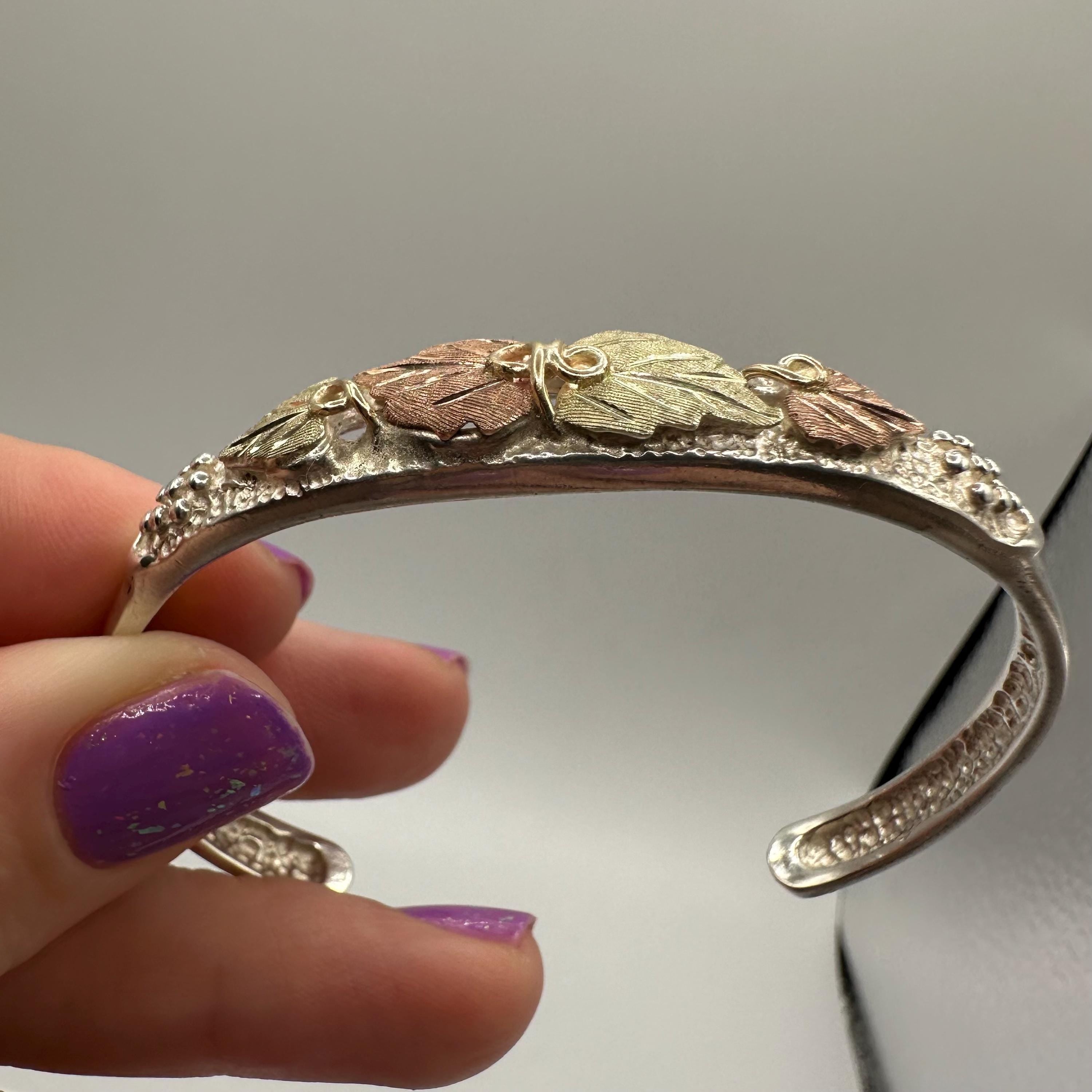 Black Hills Sterling Silver Cuff Bracelet - Solid 10K Gold Leaf Accents 6.75"