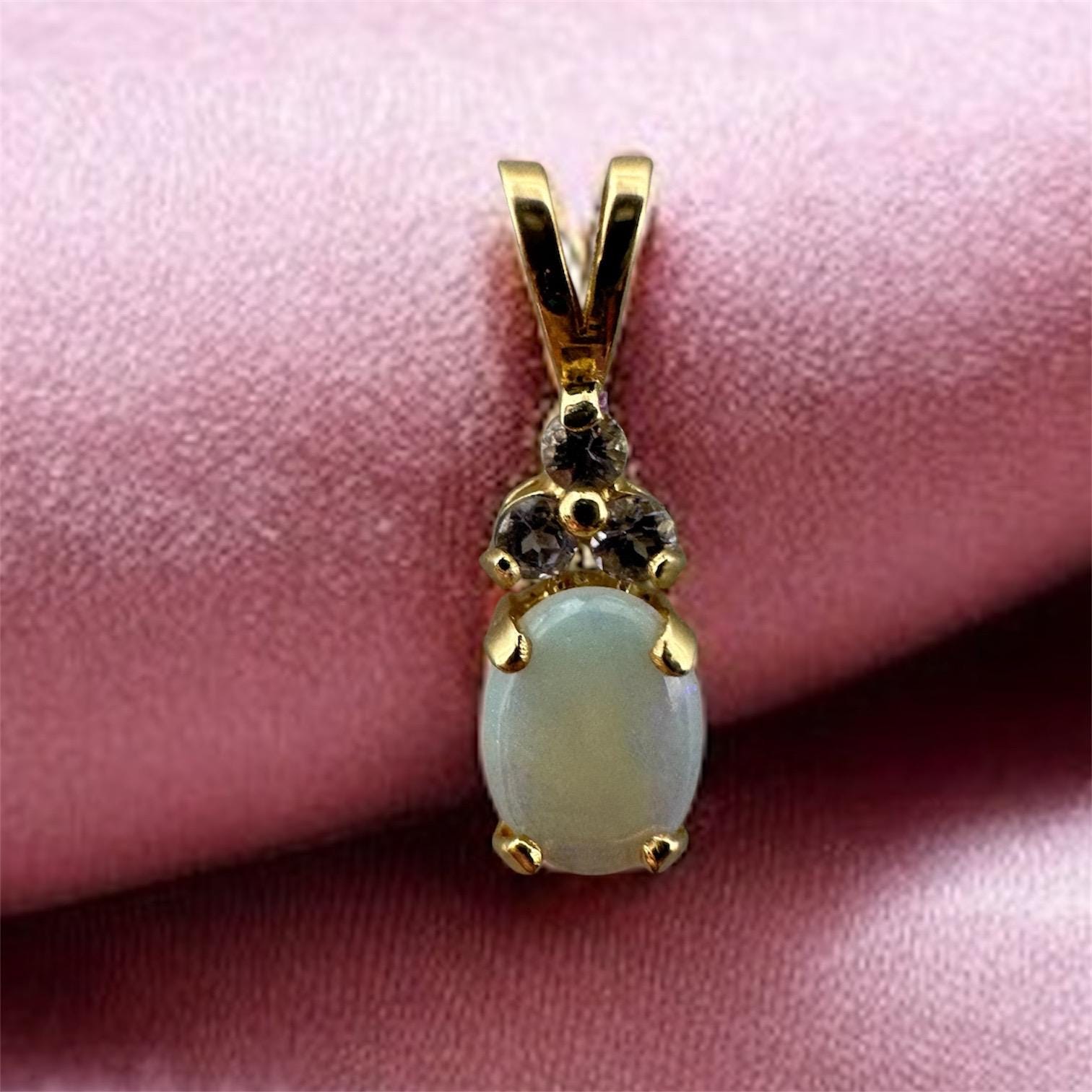 Solid 14K Yellow Gold Pendant with Oval Opal & Tanzanite Accents