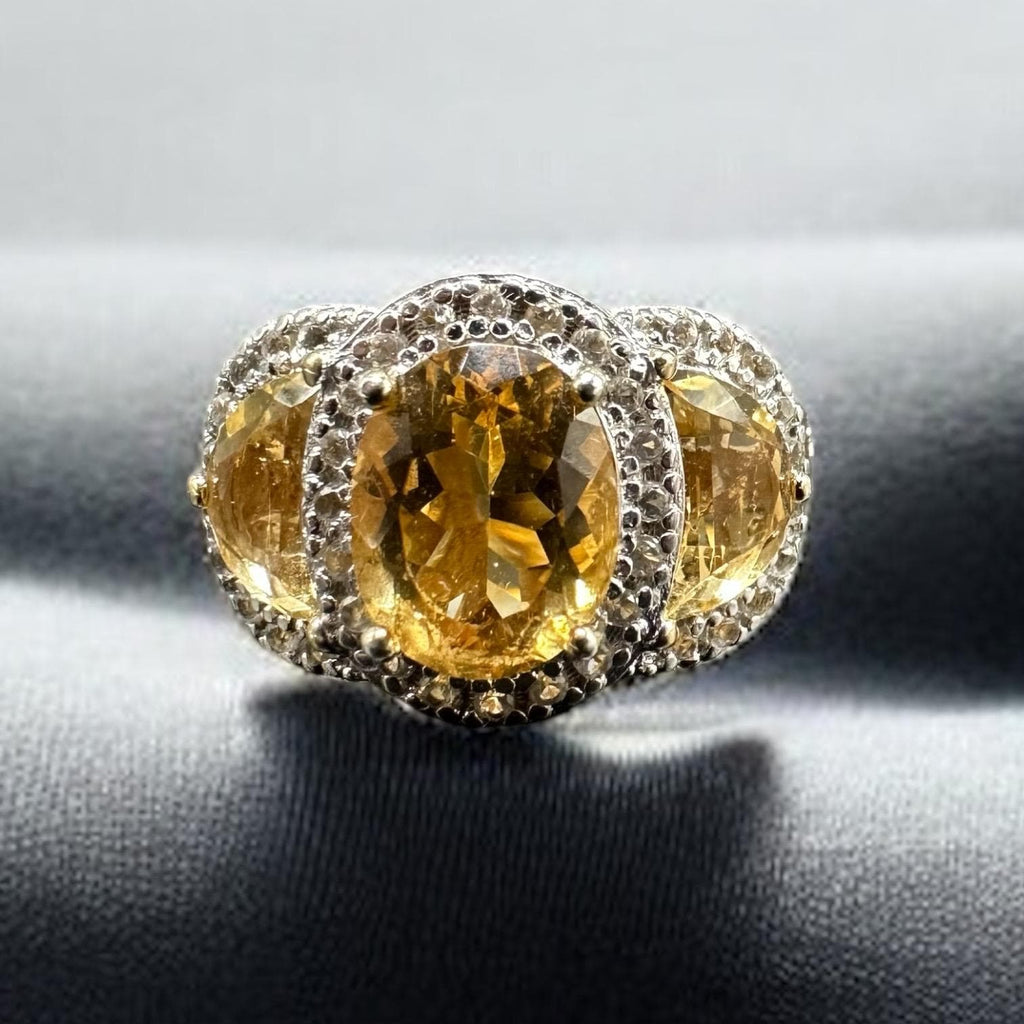 925 Sterling Silver Gold Vermeil Ring with Yellow Gems & Halo Accents - Size 10