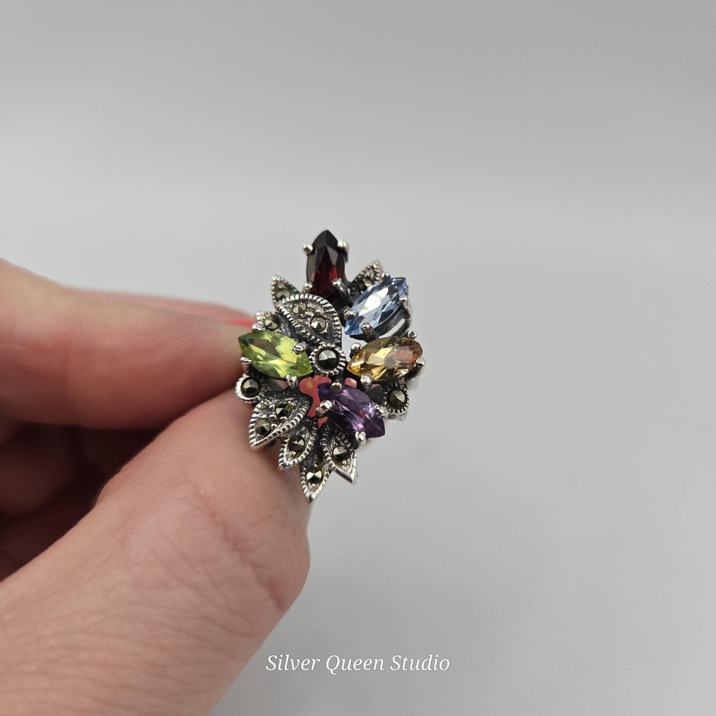 Sterling Silver Ring with Emerald Amethyst Citrine & Aquamarine - Sz 6