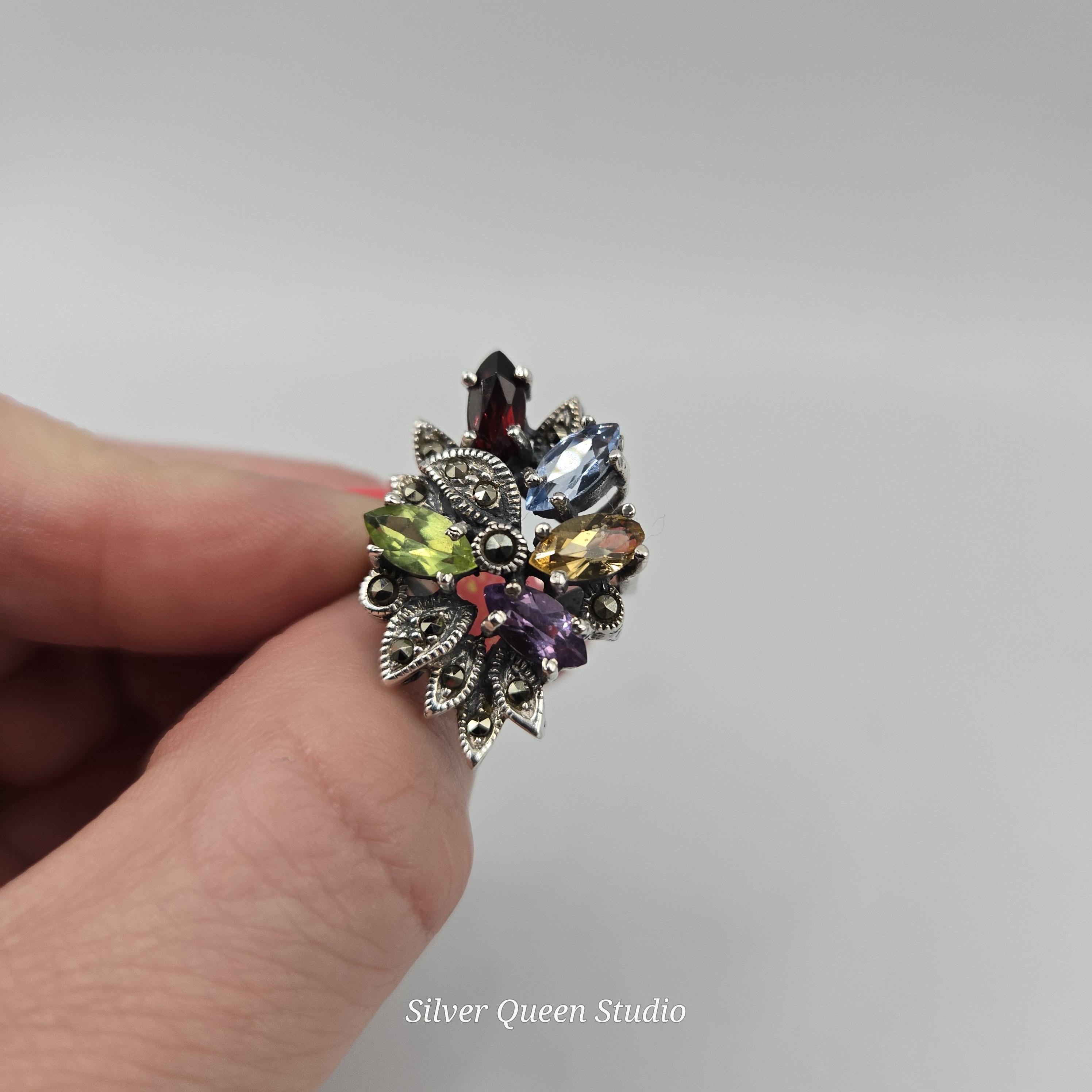 Sterling Silver Ring with Emerald Amethyst Citrine & Aquamarine - Sz 6