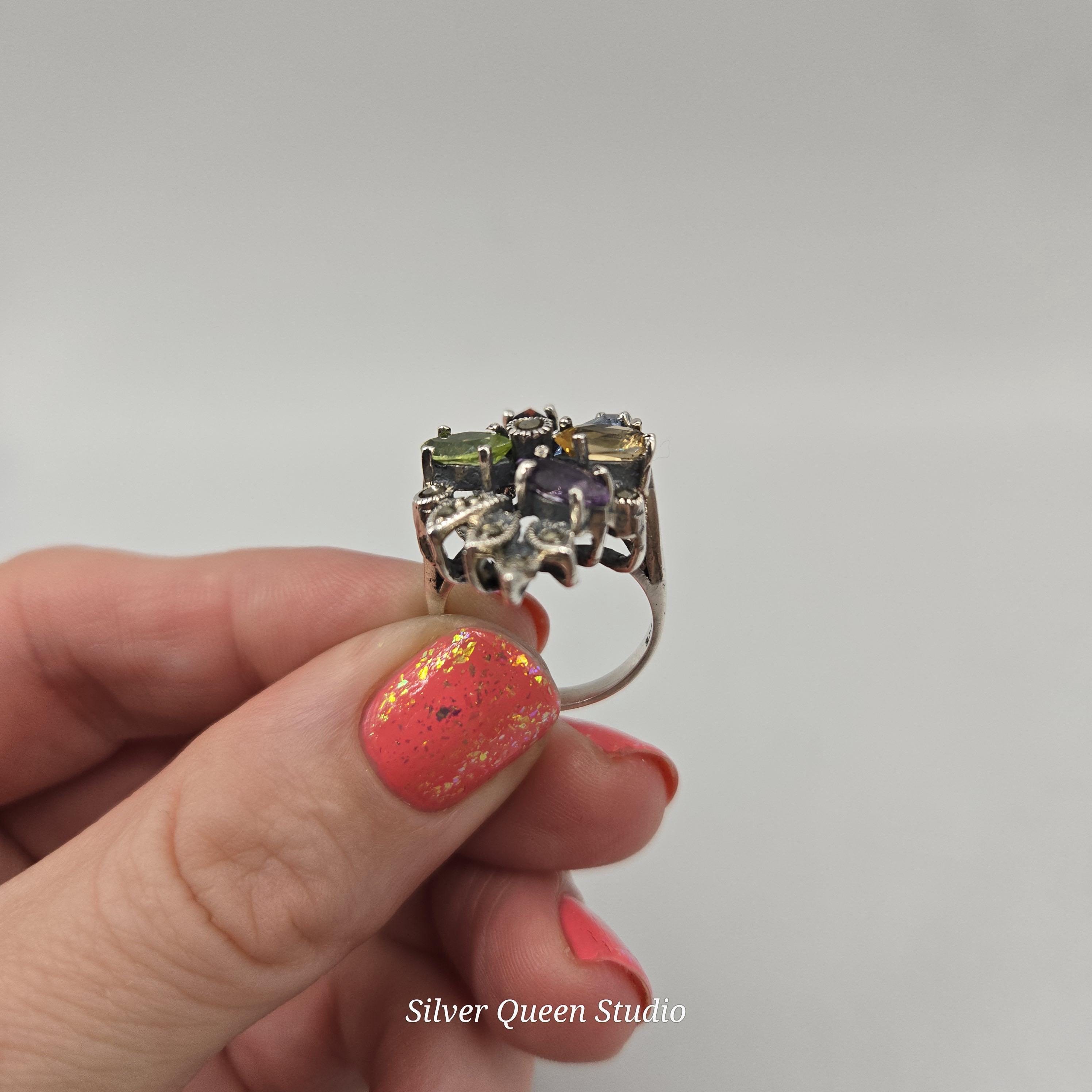 Sterling Silver Ring with Emerald Amethyst Citrine & Aquamarine - Sz 6