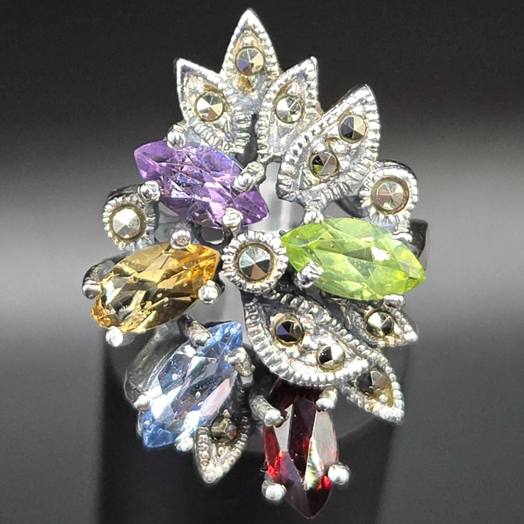 Sterling Silver Ring with Emerald Amethyst Citrine & Aquamarine - Sz 6