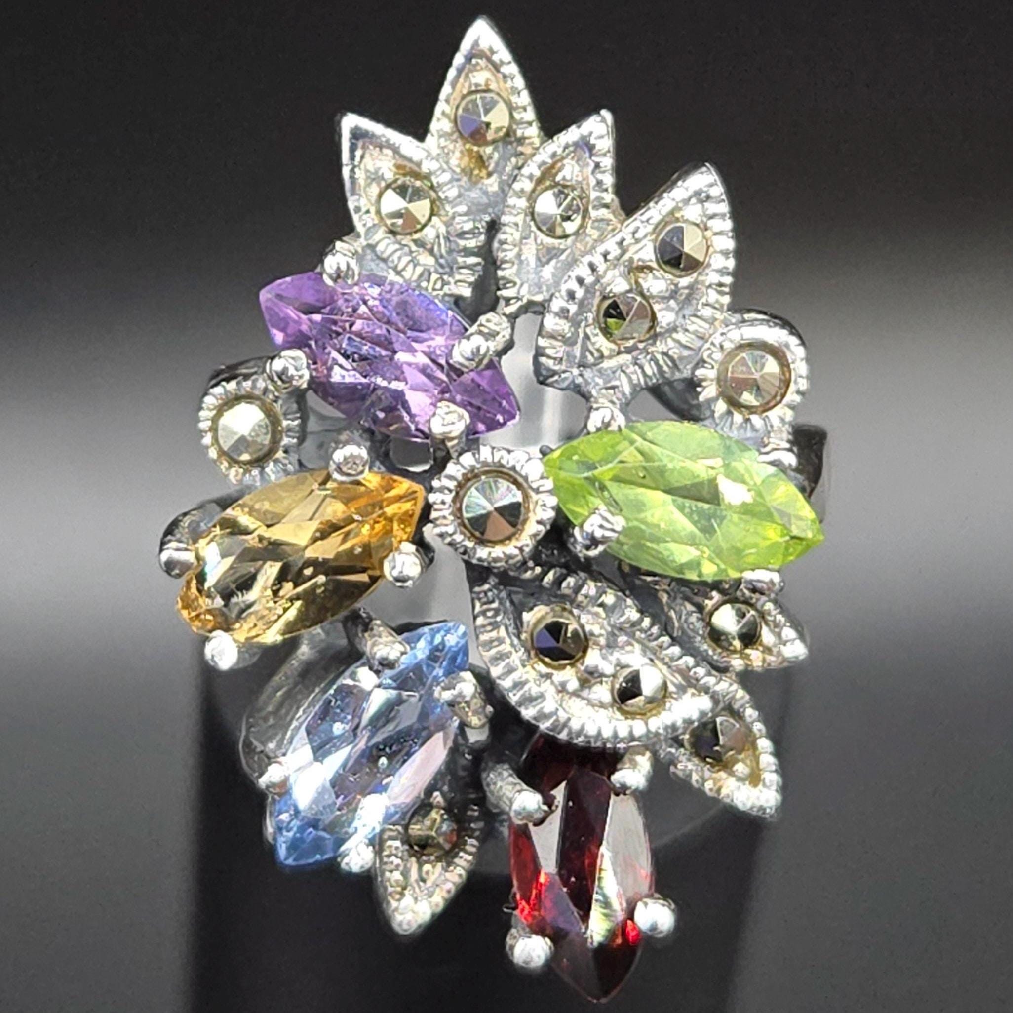 Sterling Silver Ring with Emerald Amethyst Citrine & Aquamarine - Sz 6