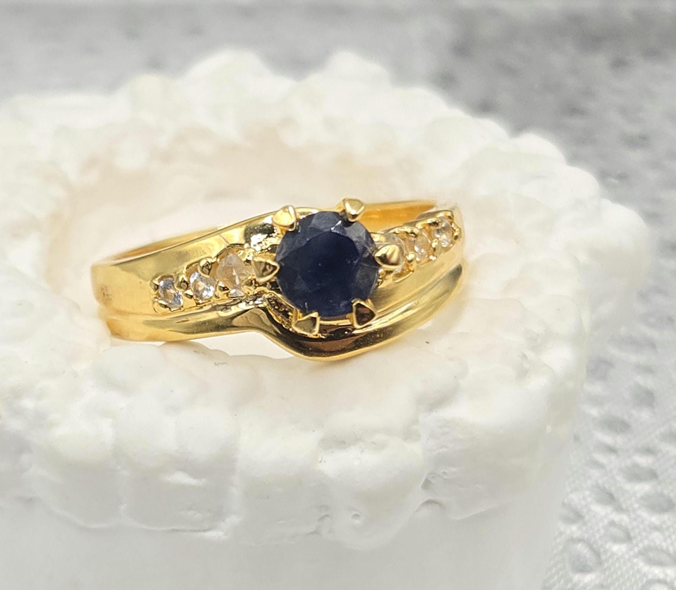 925 Sterling Silver Gold Vermeil Sapphire Ring with Accent Stones – Size 7.75