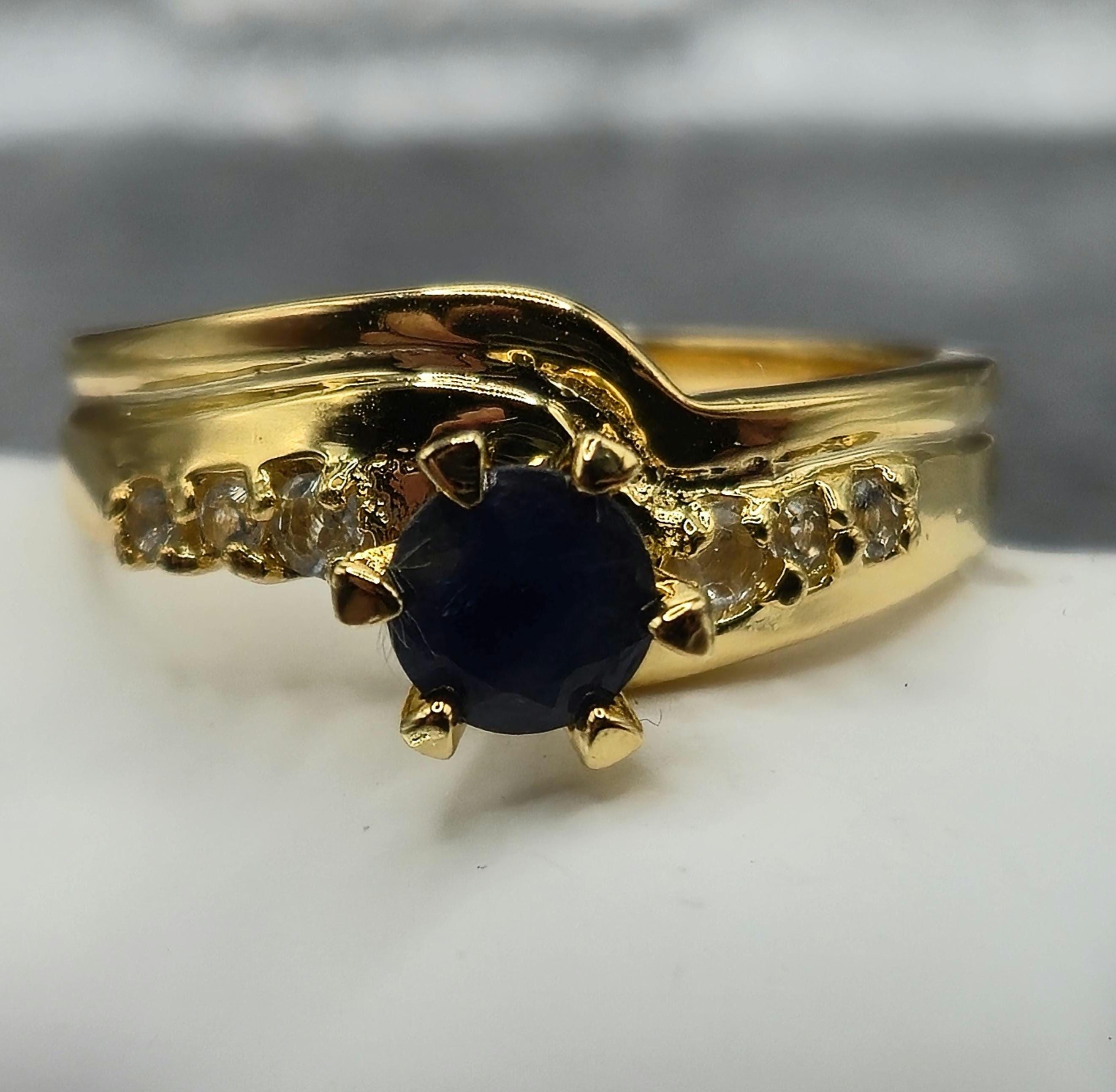 925 Sterling Silver Gold Vermeil Sapphire Ring with Accent Stones – Size 7.75