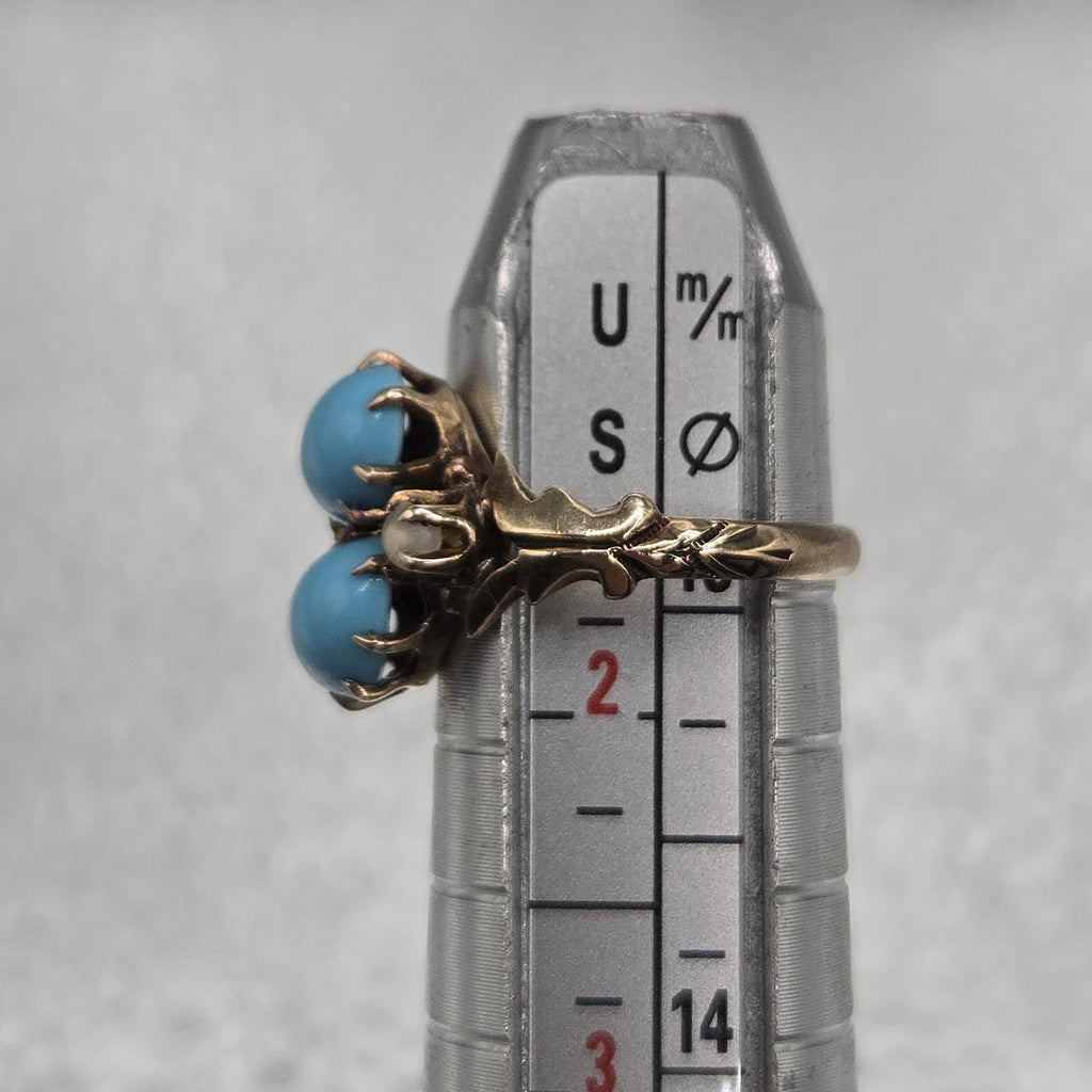 Solid 10K Gold Ring with Sleeping Beauty Turquoise & Pearl Accents - Size 1.5