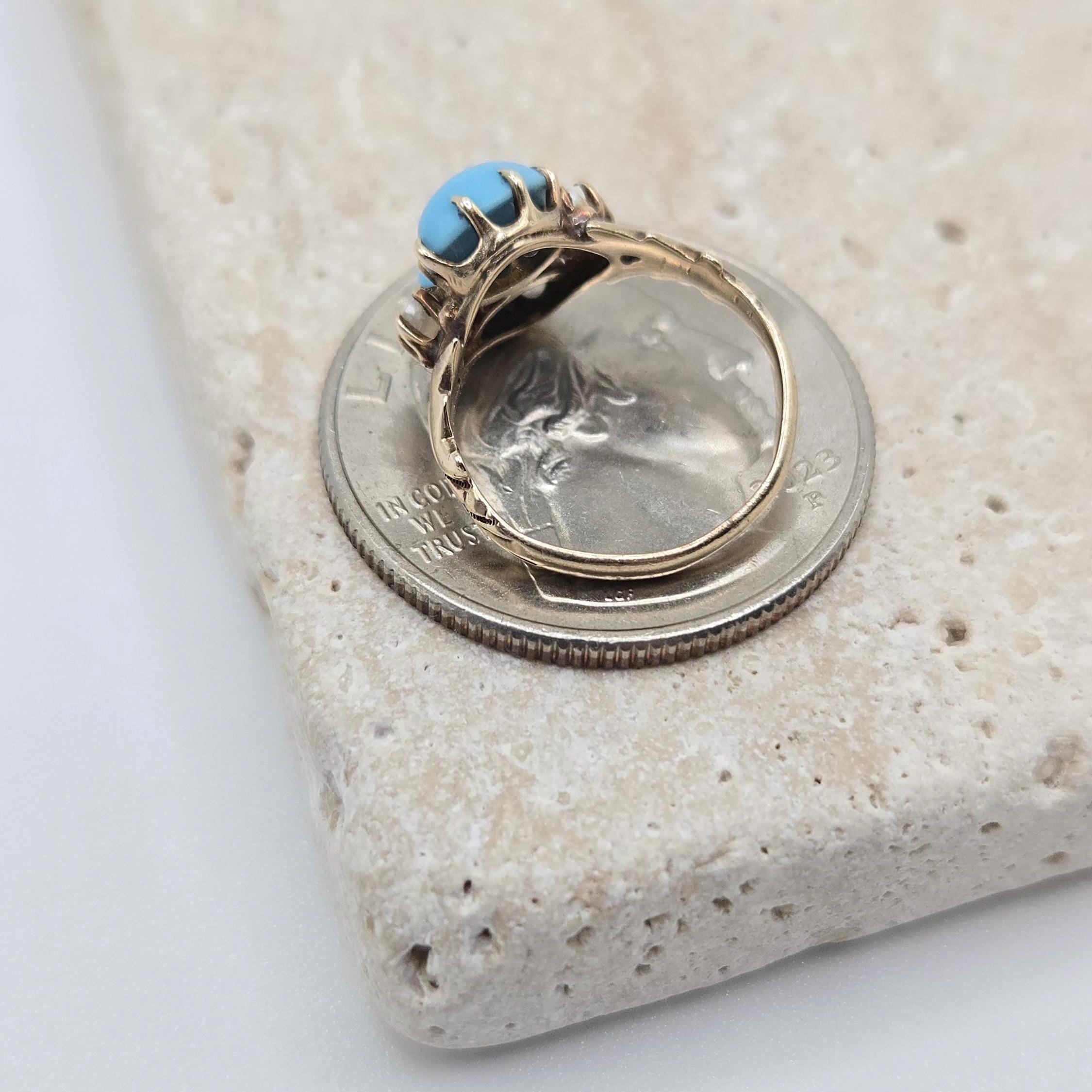 Solid 10K Gold Ring with Sleeping Beauty Turquoise & Pearl Accents - Size 1.5