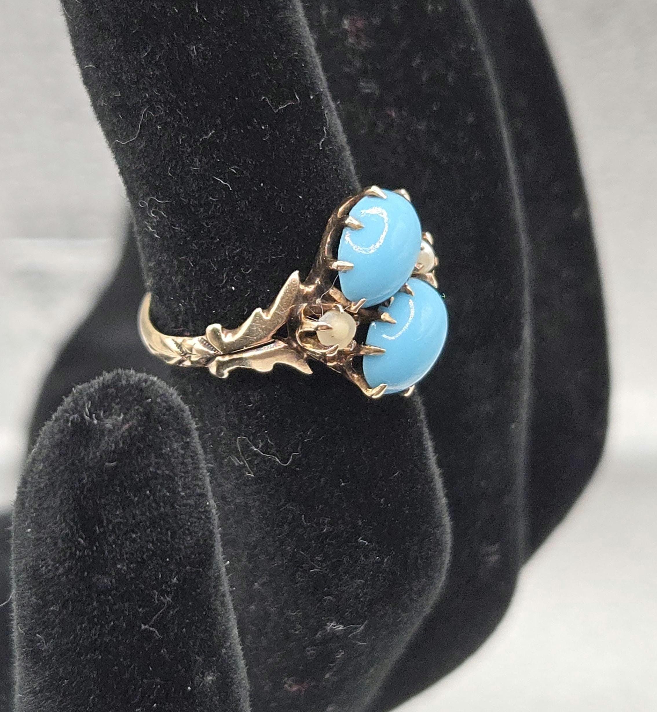 Solid 10K Gold Ring with Sleeping Beauty Turquoise & Pearl Accents - Size 1.5