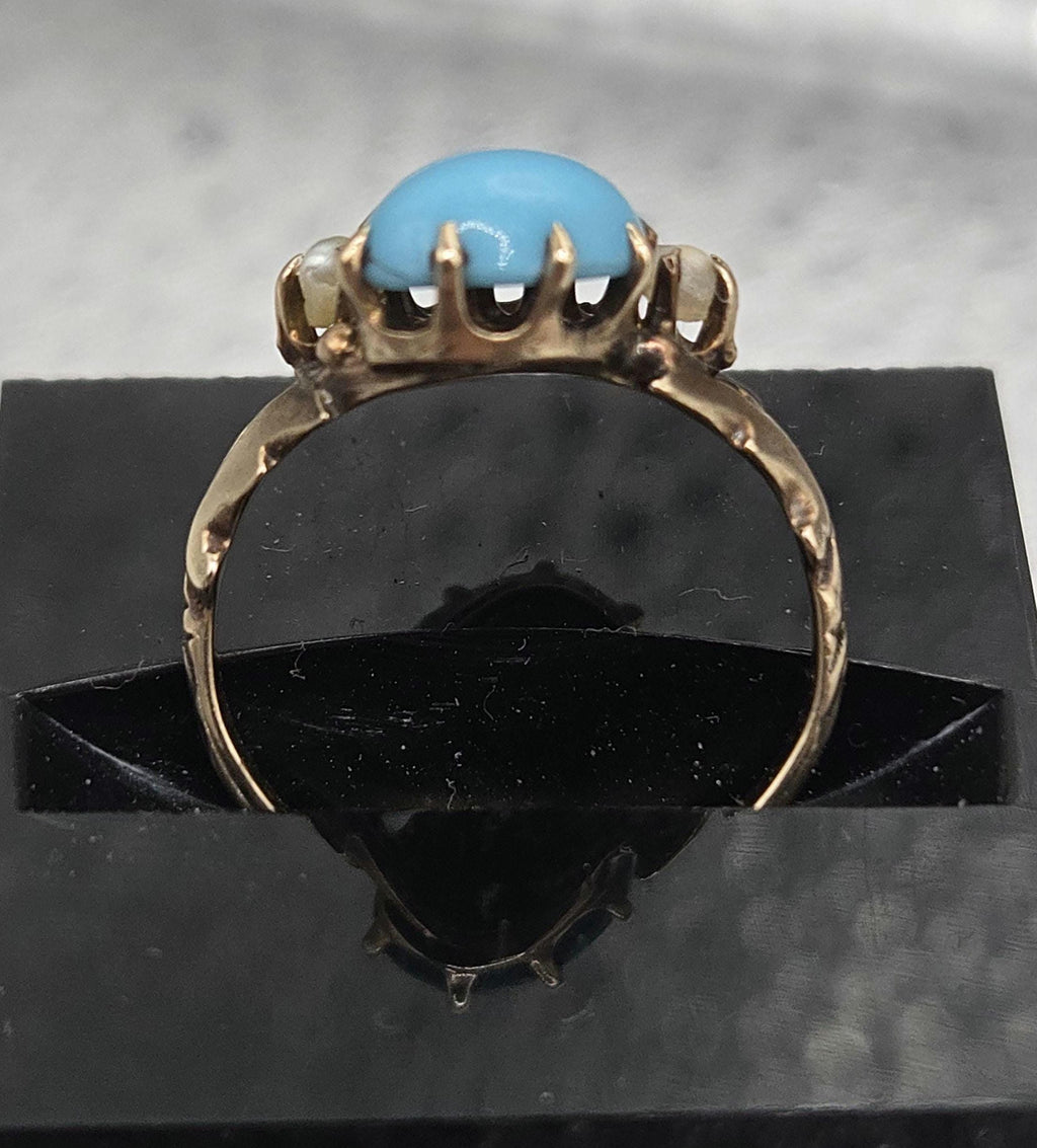 Solid 10K Gold Ring with Sleeping Beauty Turquoise & Pearl Accents - Size 1.5