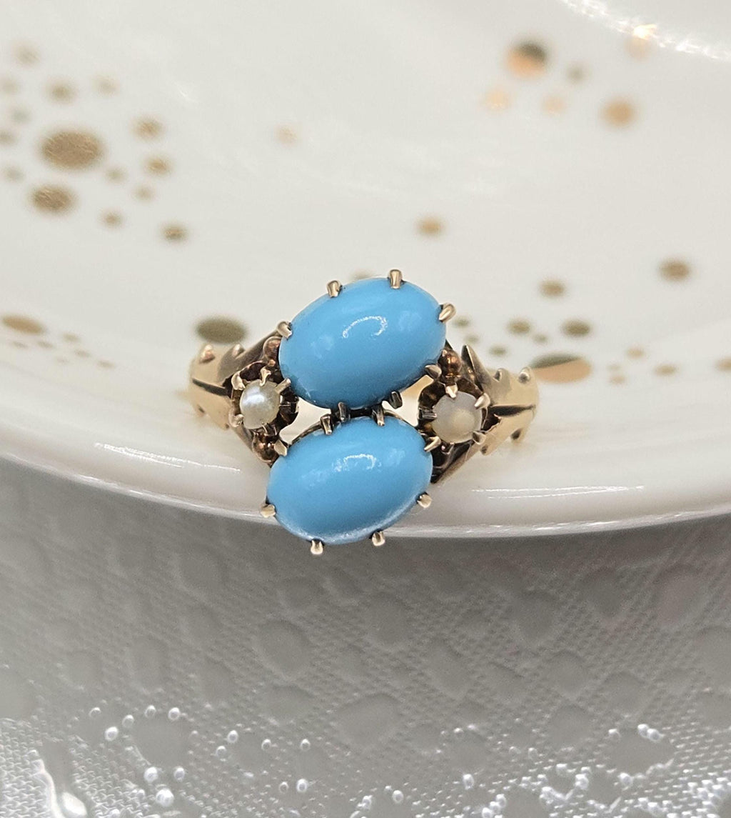 Solid 10K Gold Ring with Sleeping Beauty Turquoise & Pearl Accents - Size 1.5