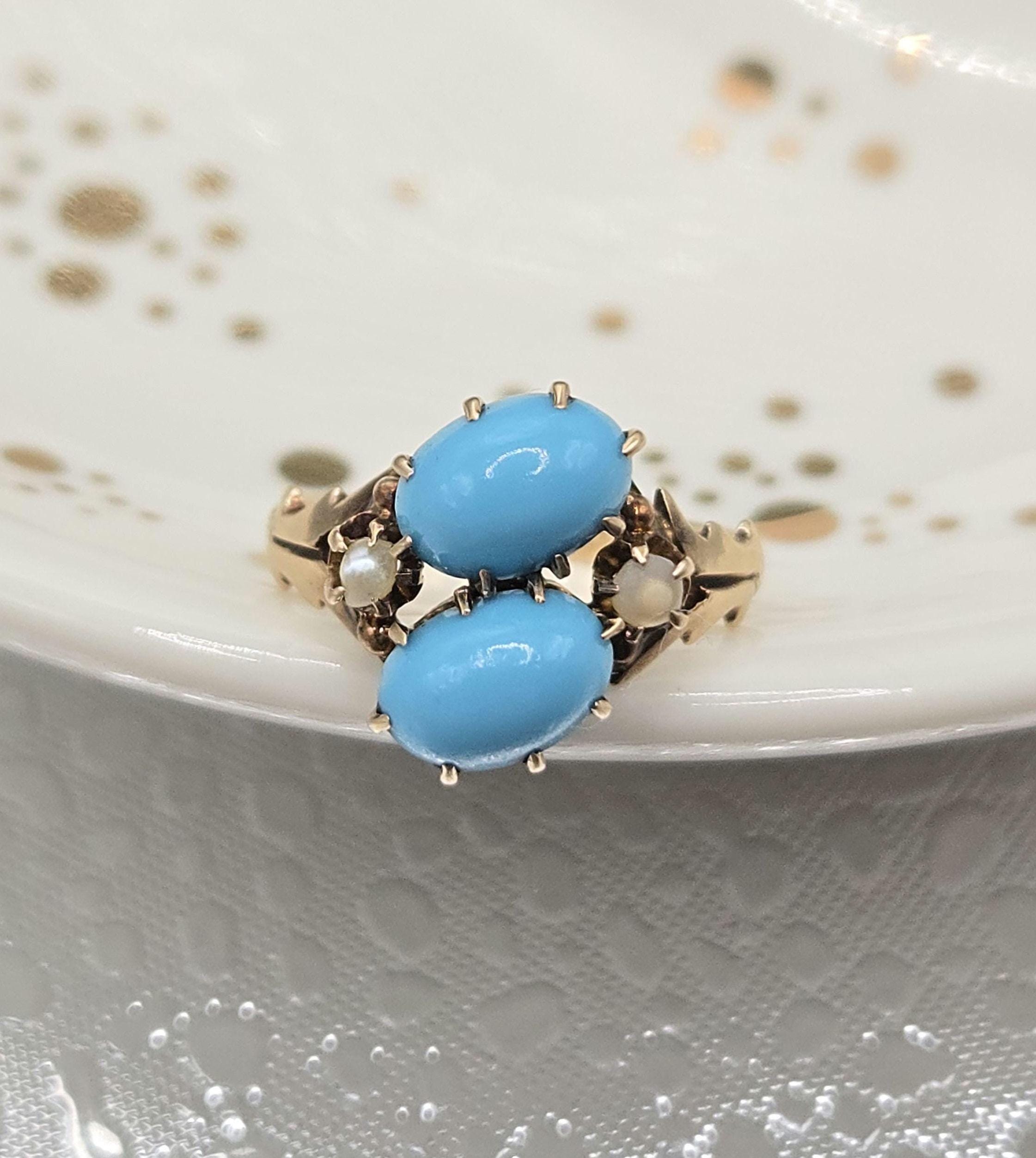 Solid 10K Gold Ring with Sleeping Beauty Turquoise & Pearl Accents - Size 1.5