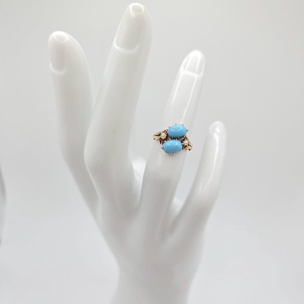 Solid 10K Gold Ring with Sleeping Beauty Turquoise & Pearl Accents - Size 1.5