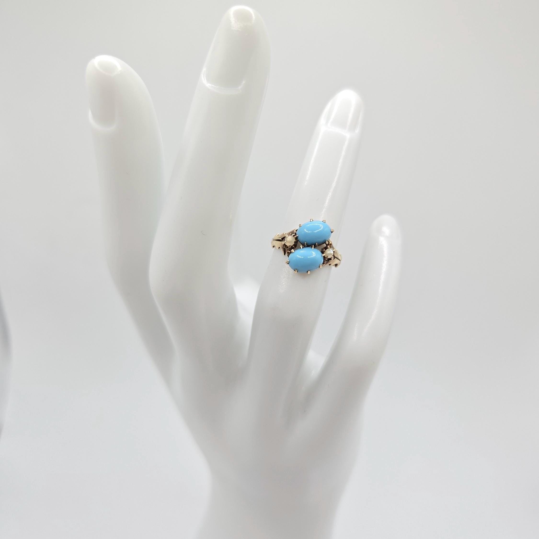 Solid 10K Gold Ring with Sleeping Beauty Turquoise & Pearl Accents - Size 1.5