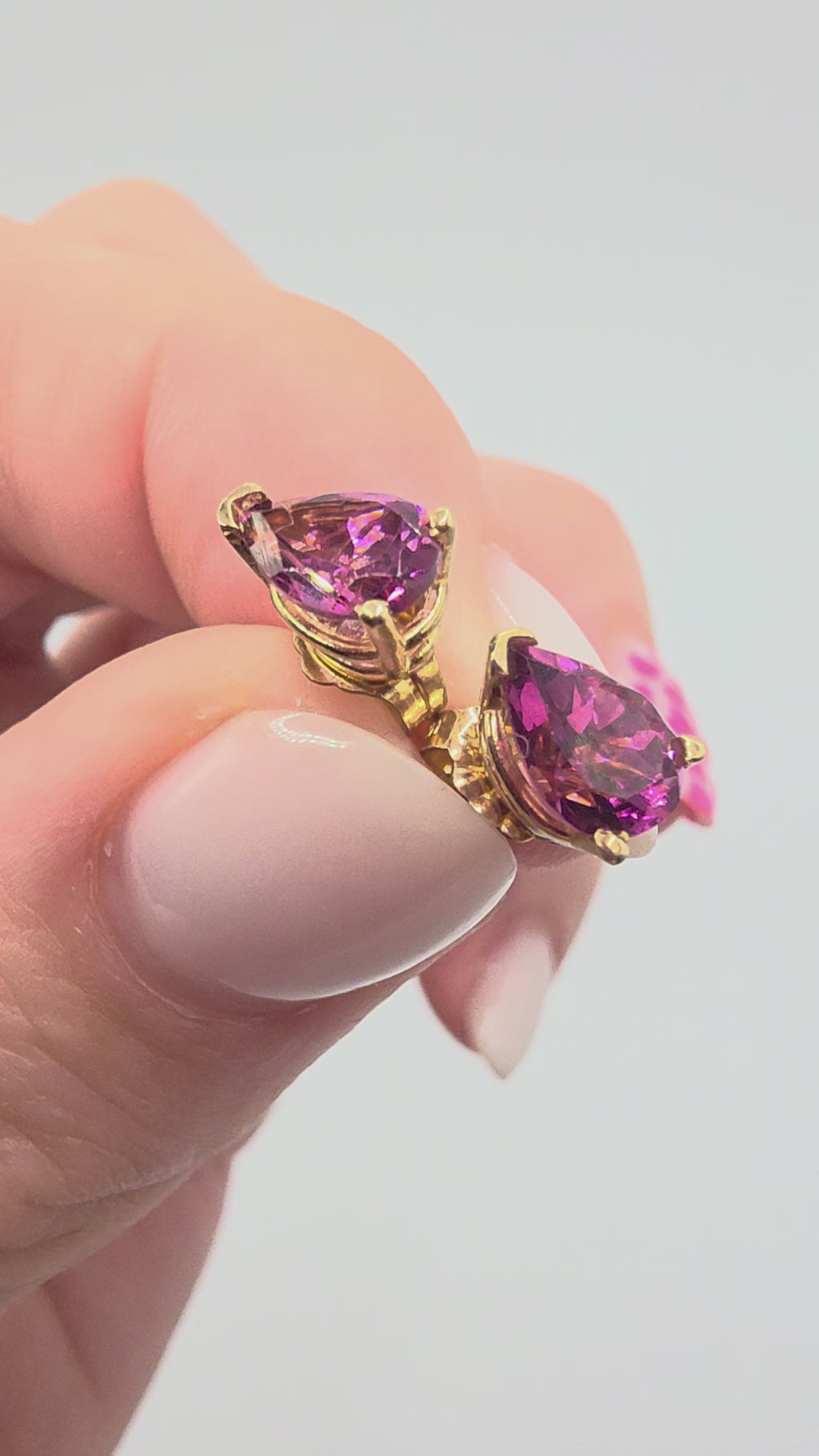 Solid 14K Yellow Gold Stud Earrings with Pear Cut Natural Raspberry Rhodolite Garnets in Three Prong Settings Video