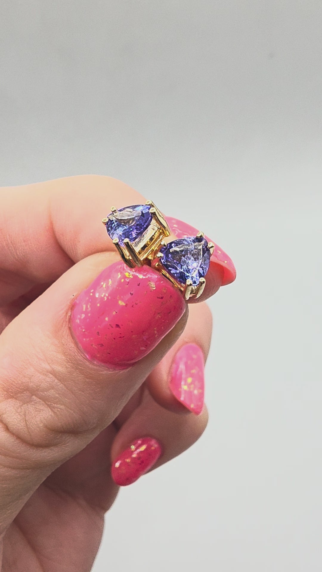 Solid 14K Yellow Gold Trillion Cut Iolite Stud Earrings - Eagle Prongs