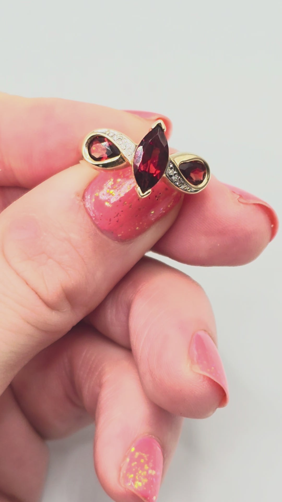 Solid 10K Gold Ring with Marquise-Cut Garnet and Diamond Accents – Size 6.75