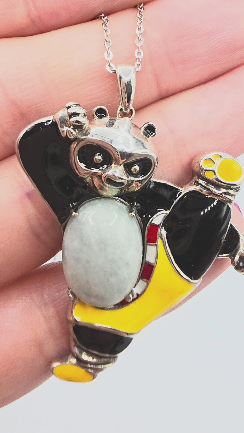 Sterling Silver Kung Fu Panda Pendant Necklace with Jade & Enamel - 18 Inch