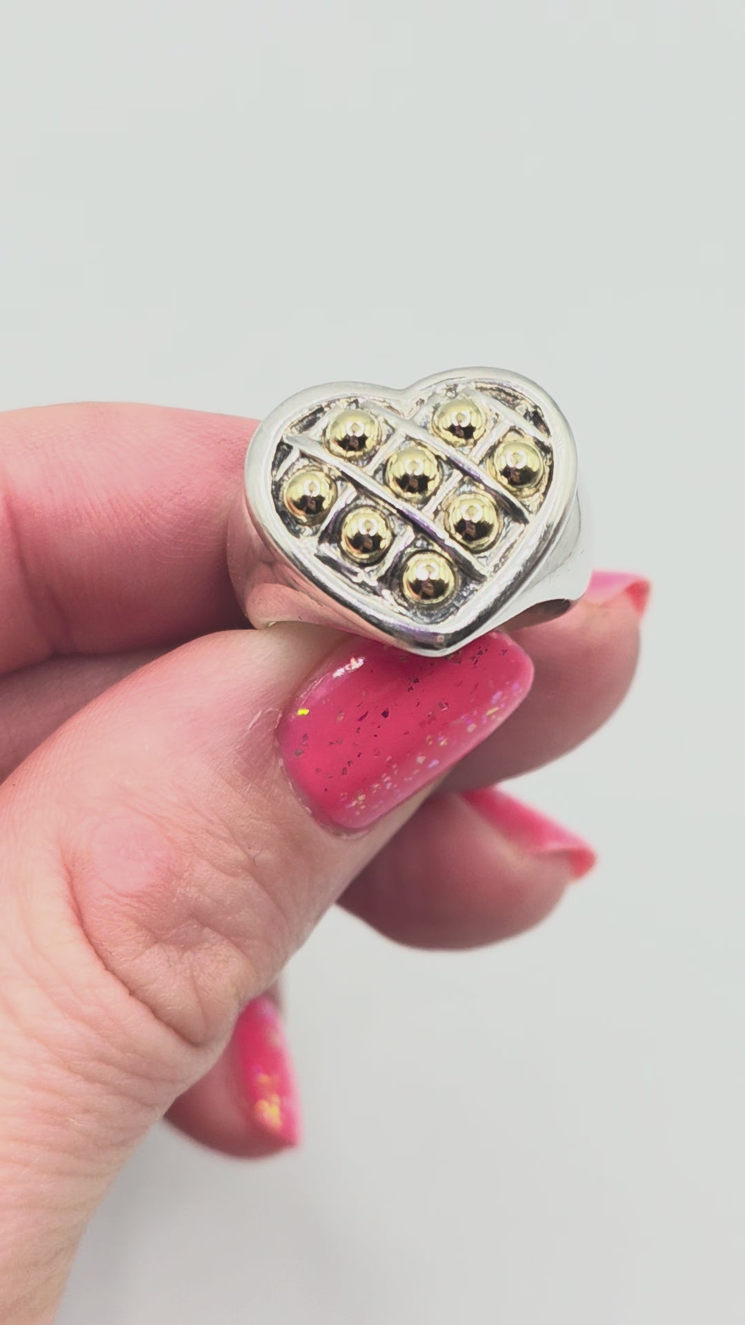 Caviar 925 Sterling Silver with 18K Yellow Gold Accents Heart Ring Size 7