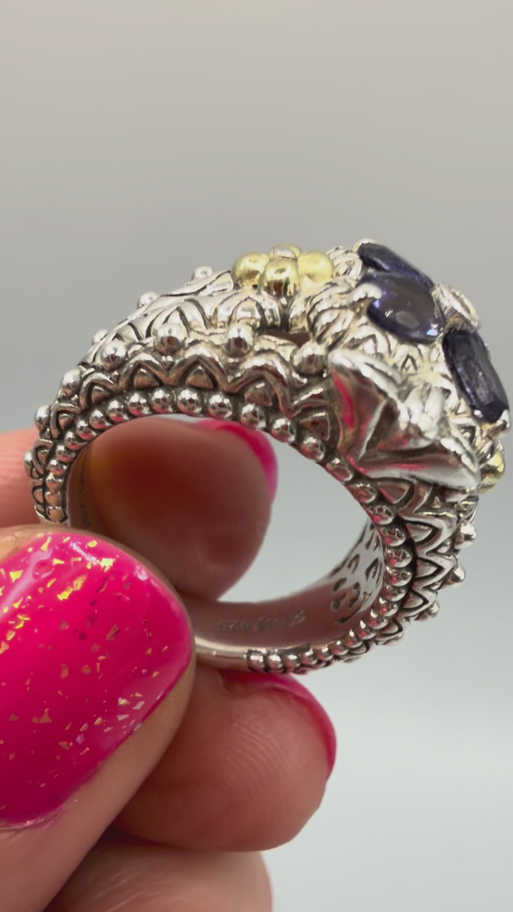 Bixby Jezebel Sterling Silver and 18K Gold Flower Ring with Iolite & Topaz Sz 7