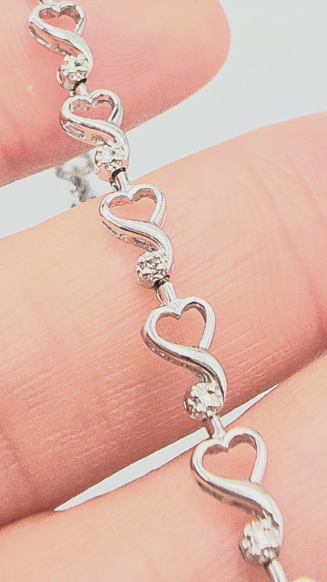 Solid 10K White Gold Heart Link Bracelet with Diamond Accents - 7.25 Inch