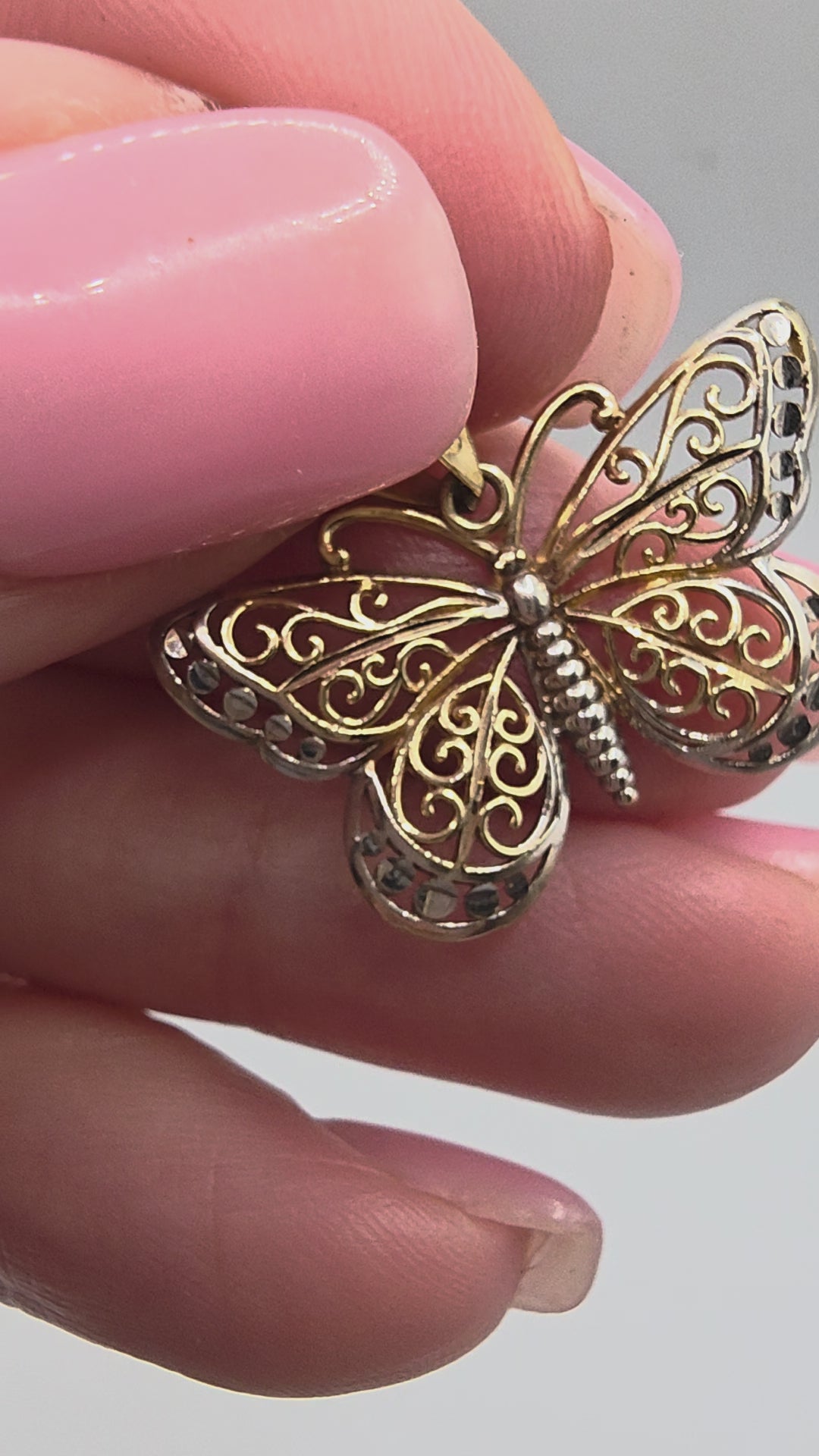 Solid 10K Two Tone Gold Filigree Butterfly Pendant Openwork Scrollwork