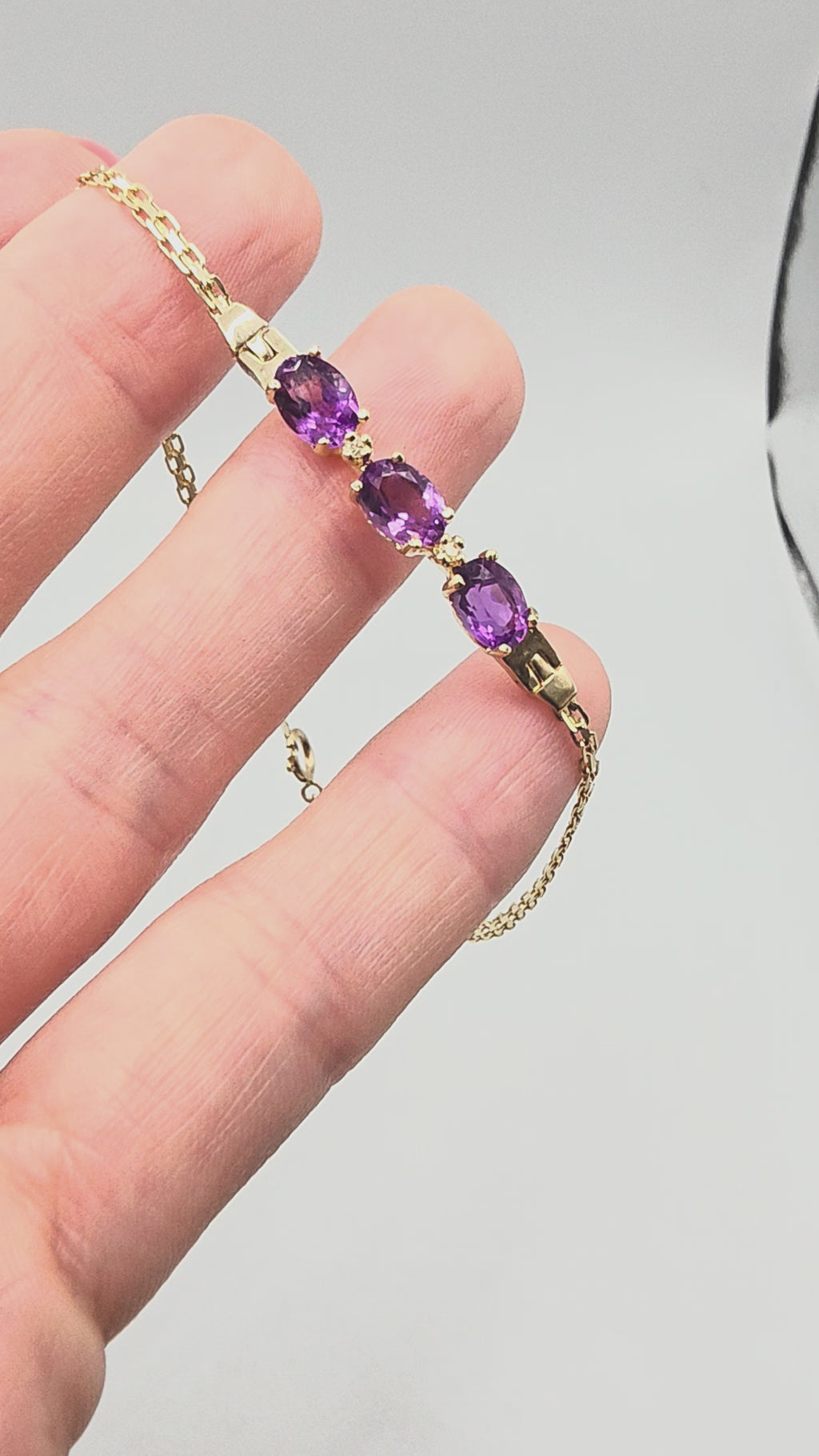 Vintage ATL Solid 14K Yellow Gold Bracelet with Amethyst & White Topaz 7.5 Inch