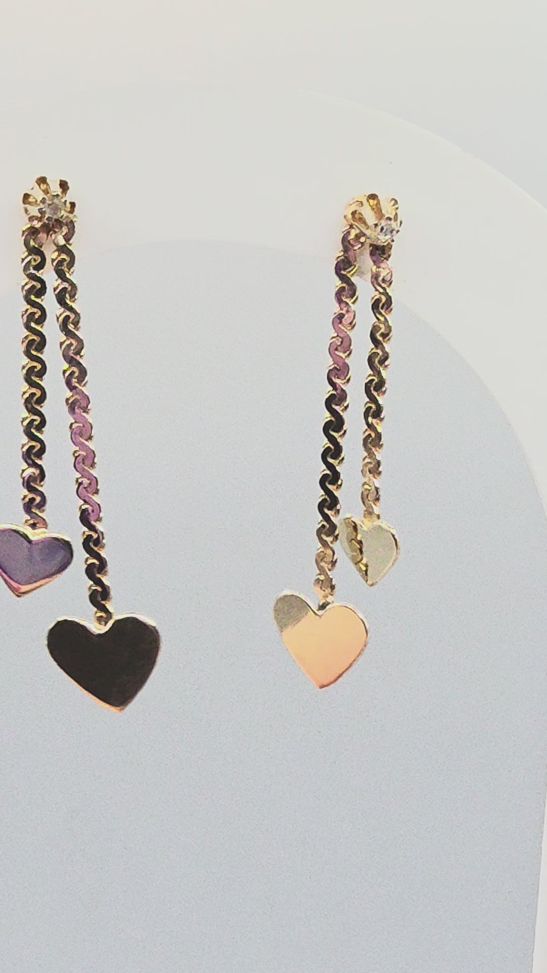 Vintage NABCO Solid 14K Gold Dangle Heart Earrings with White Topaz Accents