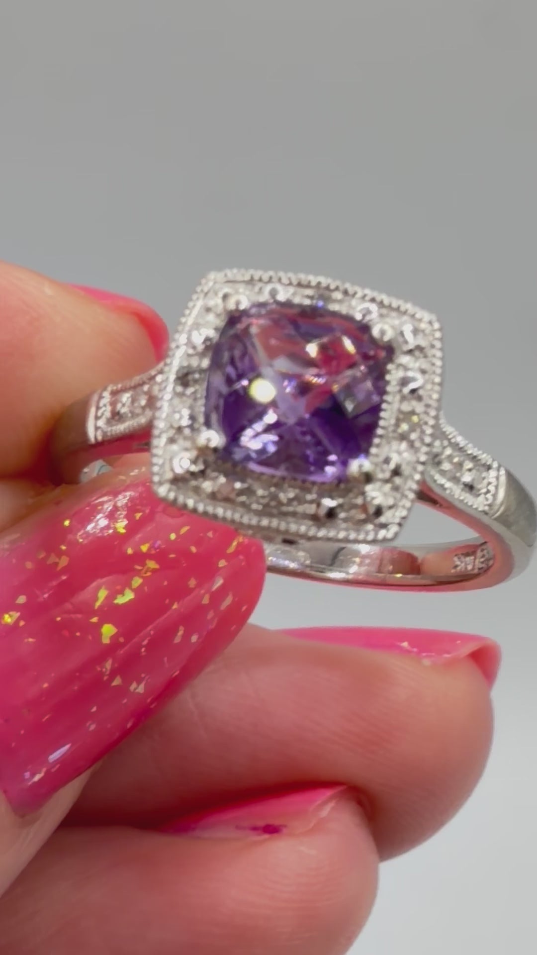 Solid 10K White Gold Ring with Cushion Cut Amethyst Ring Size 7