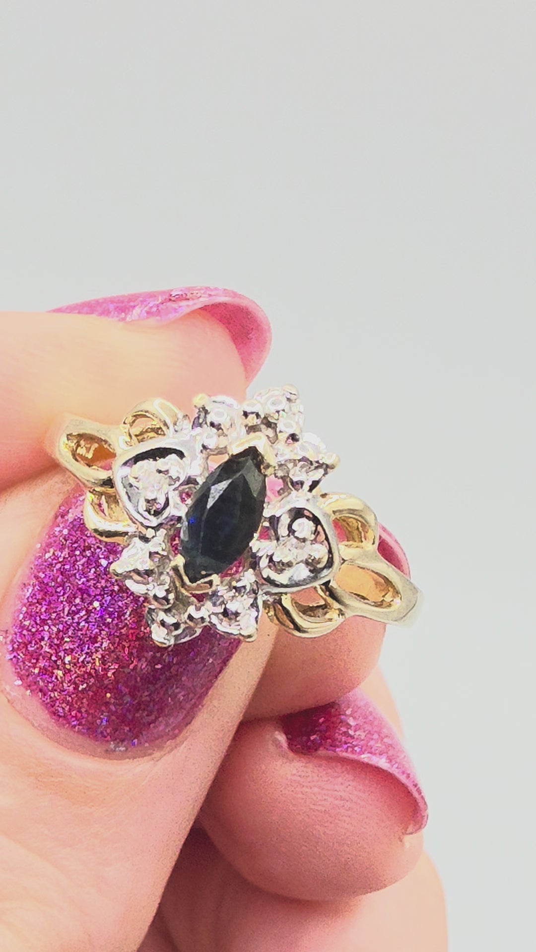 10K Solid Gold Dark Blue Topaz Ring with Diamond Accents, Size 7