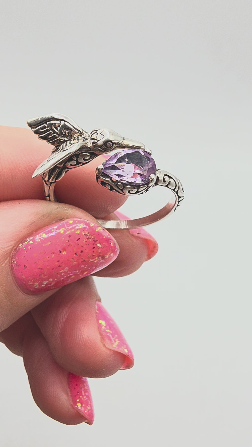 925 Sterling Silver Ring with Pear Cut Amethyst & Hummingbird - Size 8