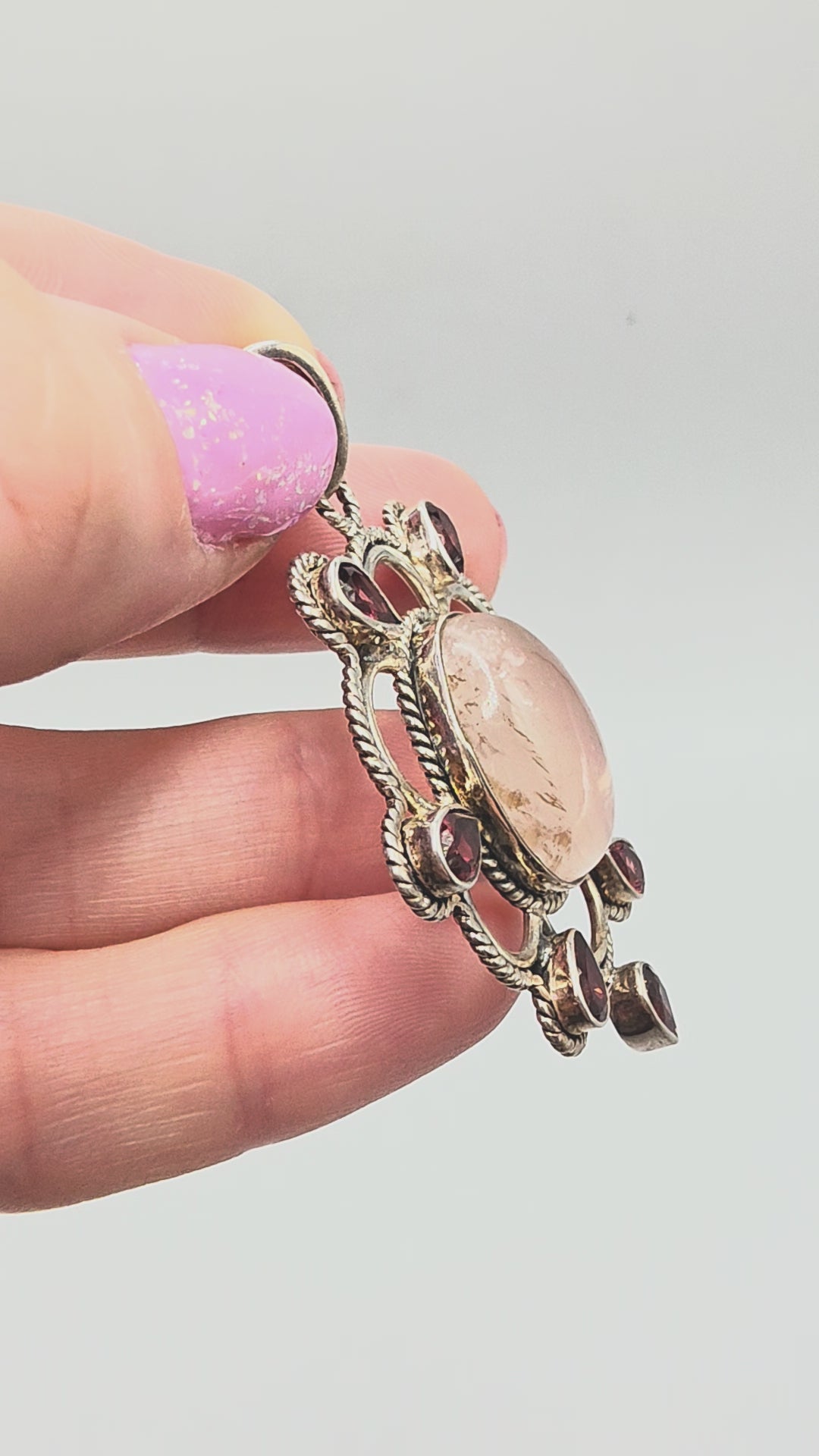 925 Sterling Silver Pendant with Rose Quartz and Rhodolite Garnet Halo
