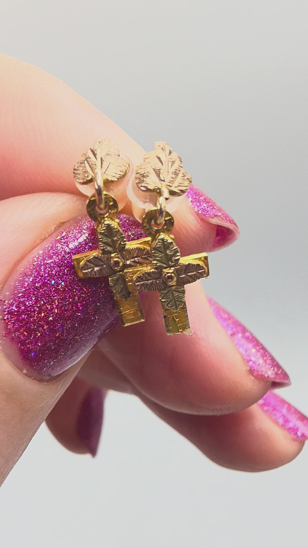 Black Hills Solid 10K Tri-Color Gold Floral Cross Earrings - Silicone Backs