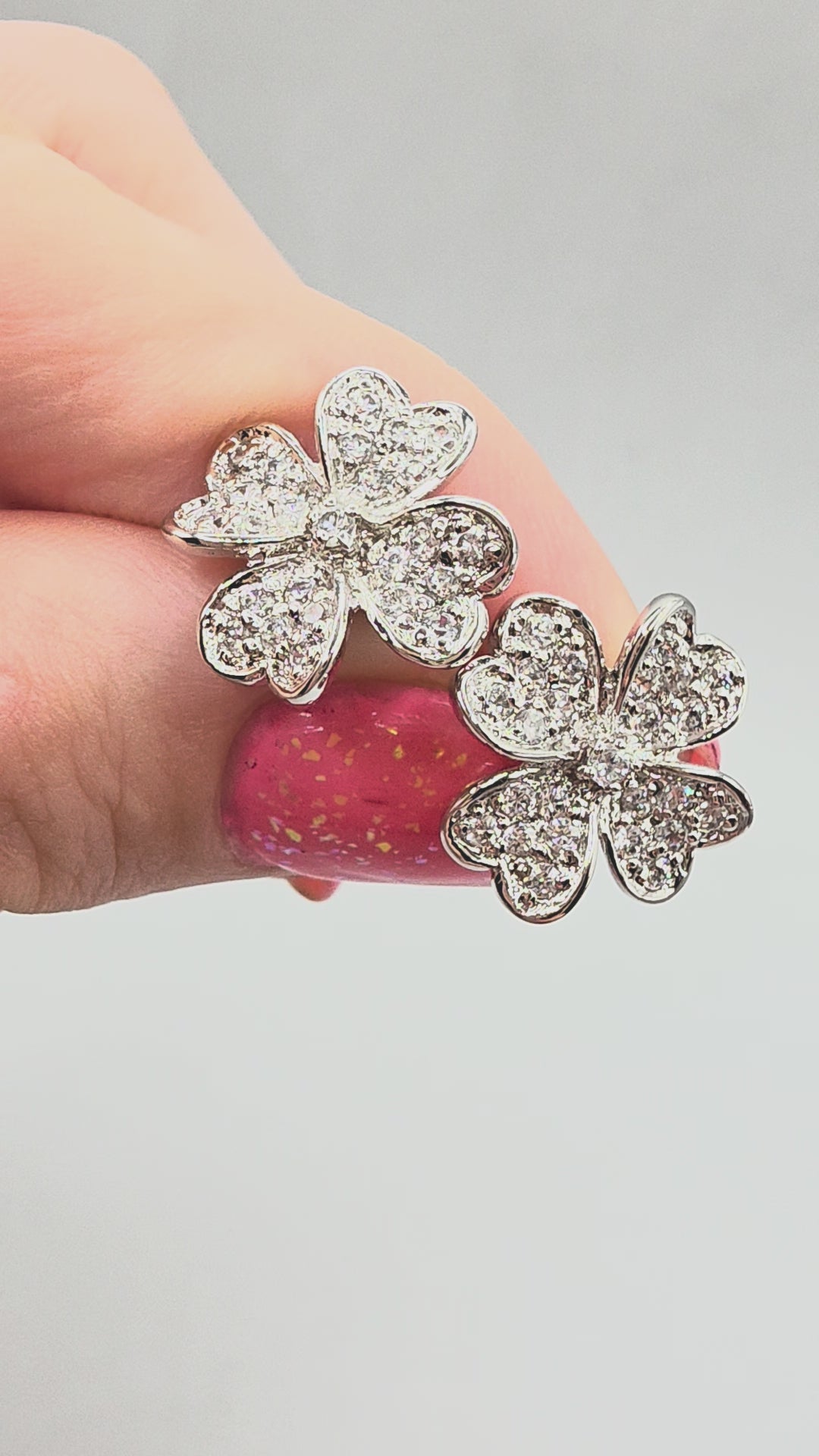 925 Sterling Silver Heart Leaf Clover Stud Earrings with CZ Accents