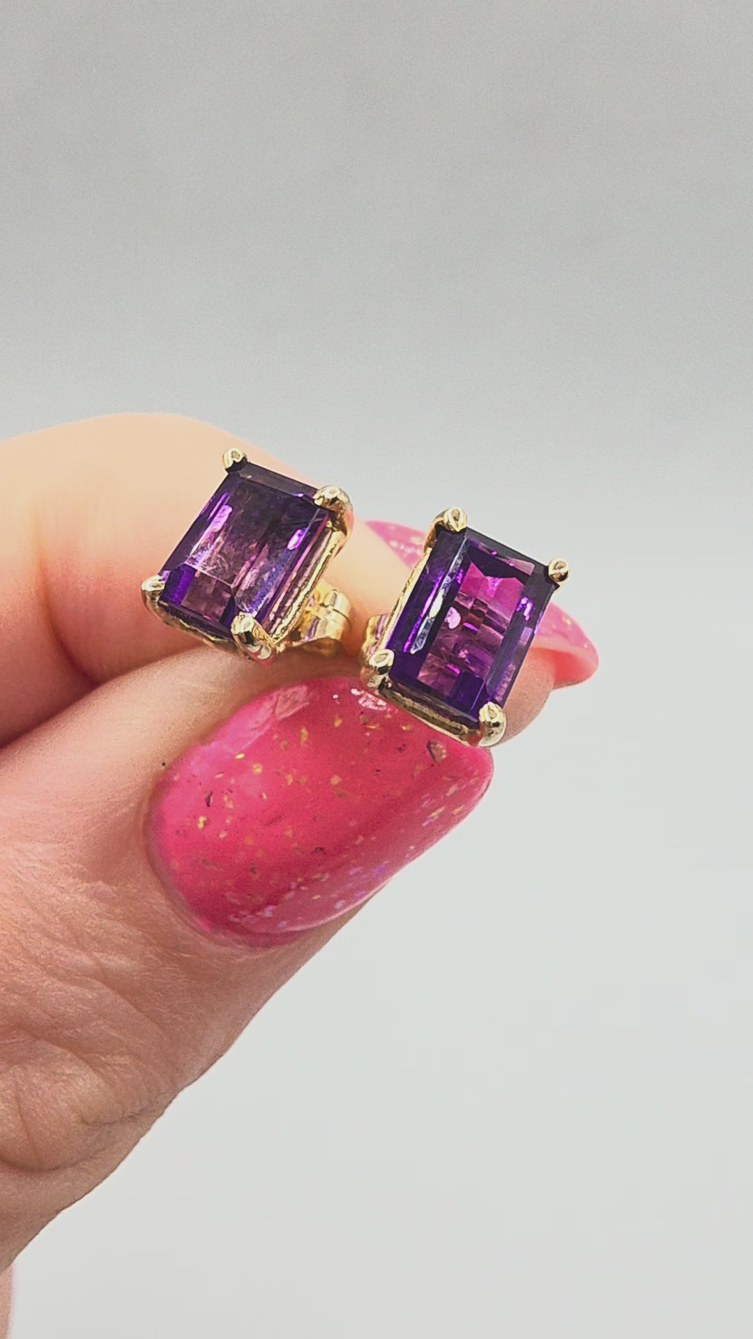 Solid 14K Yellow Gold Emerald Cut Amethyst Stud Earrings